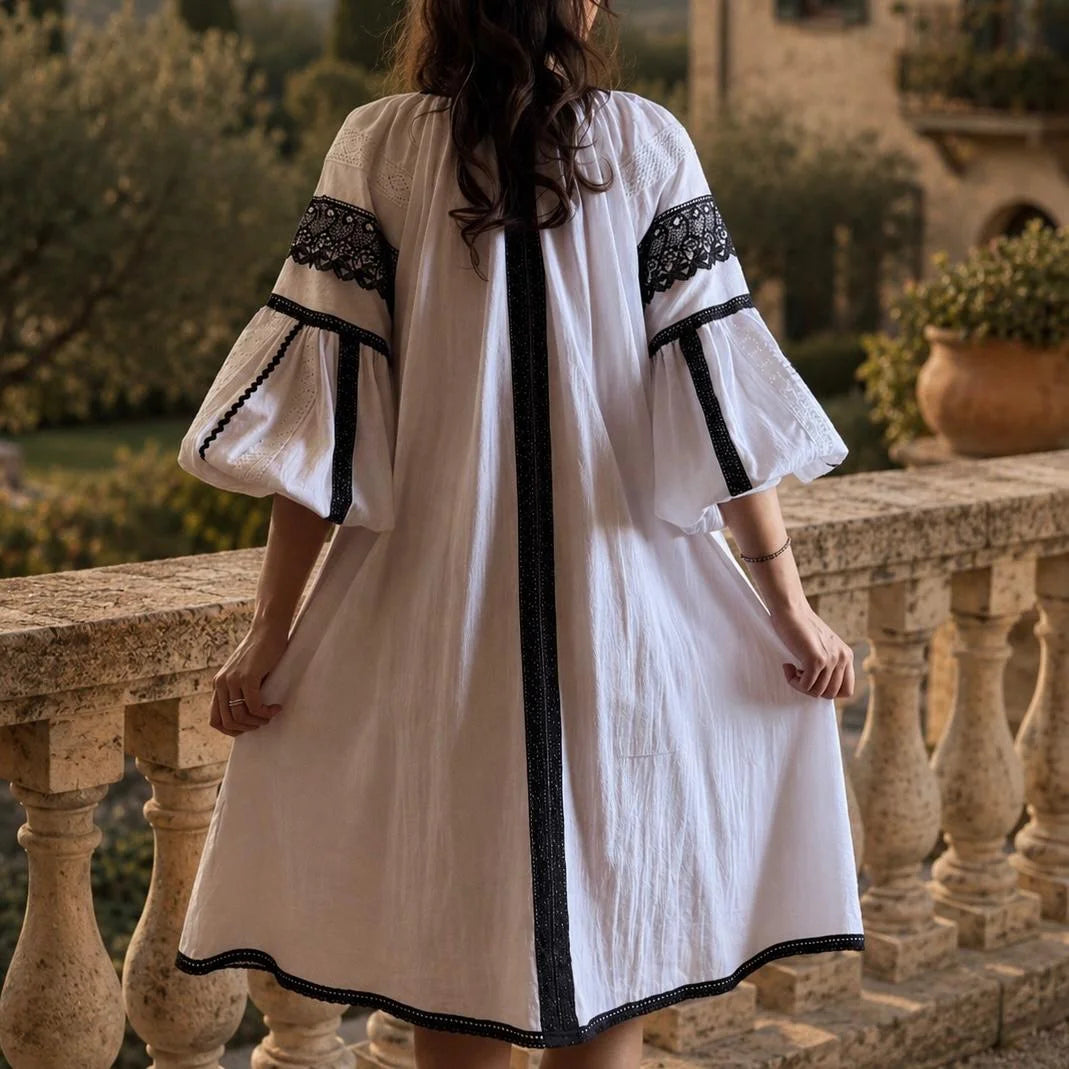 Rochie midi tip ie Nationala din in panza topita alba – Elena 03