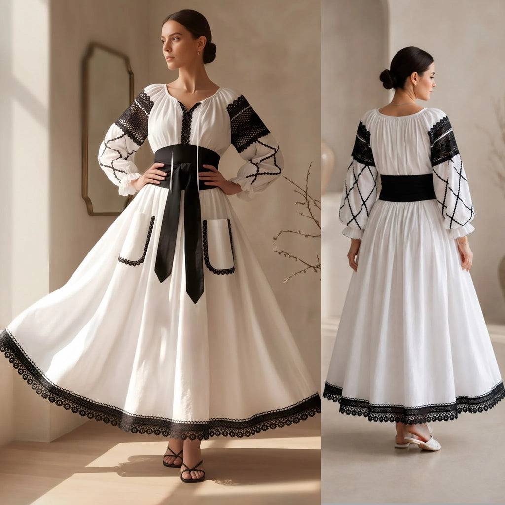 Rochie Nationala alba din panza topita dantela neagra - Maria 02