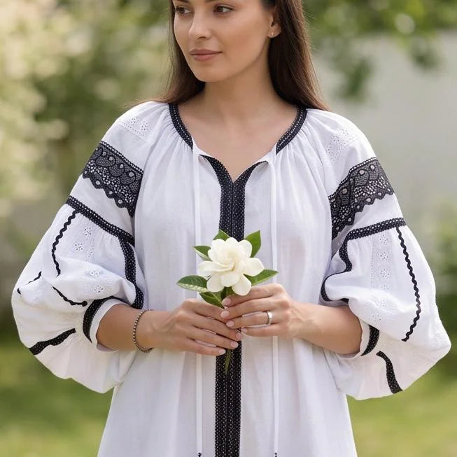 Rochie midi tip ie Nationala din in panza topita alba – Elena 03