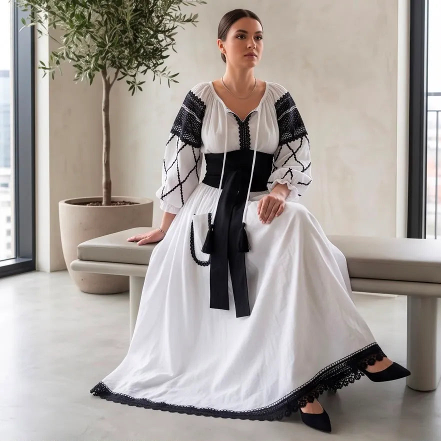 Rochie Nationala alba din panza topita dantela neagra - Maria 02
