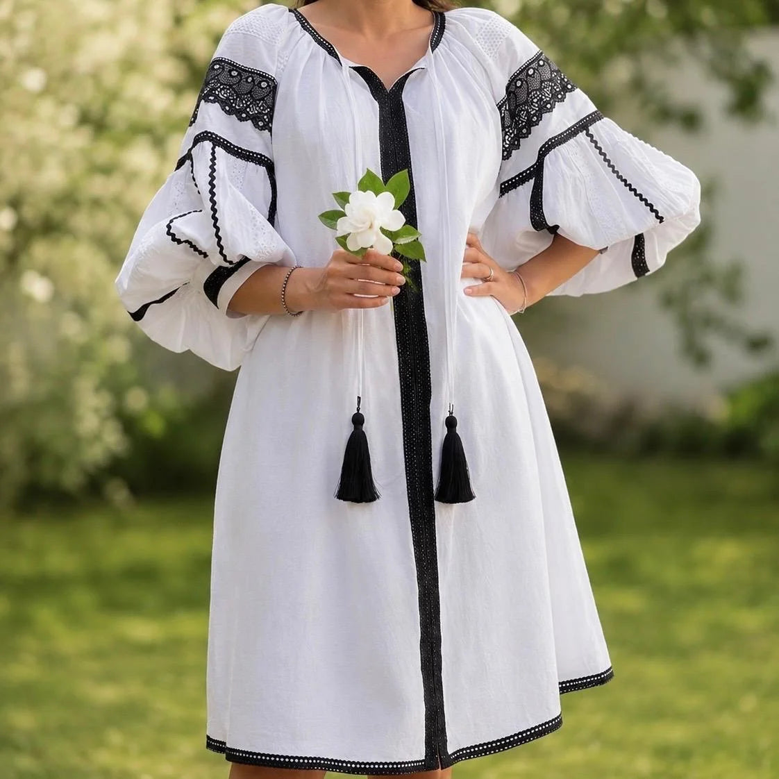 Rochie midi tip ie Nationala din in panza topita alba – Elena 03