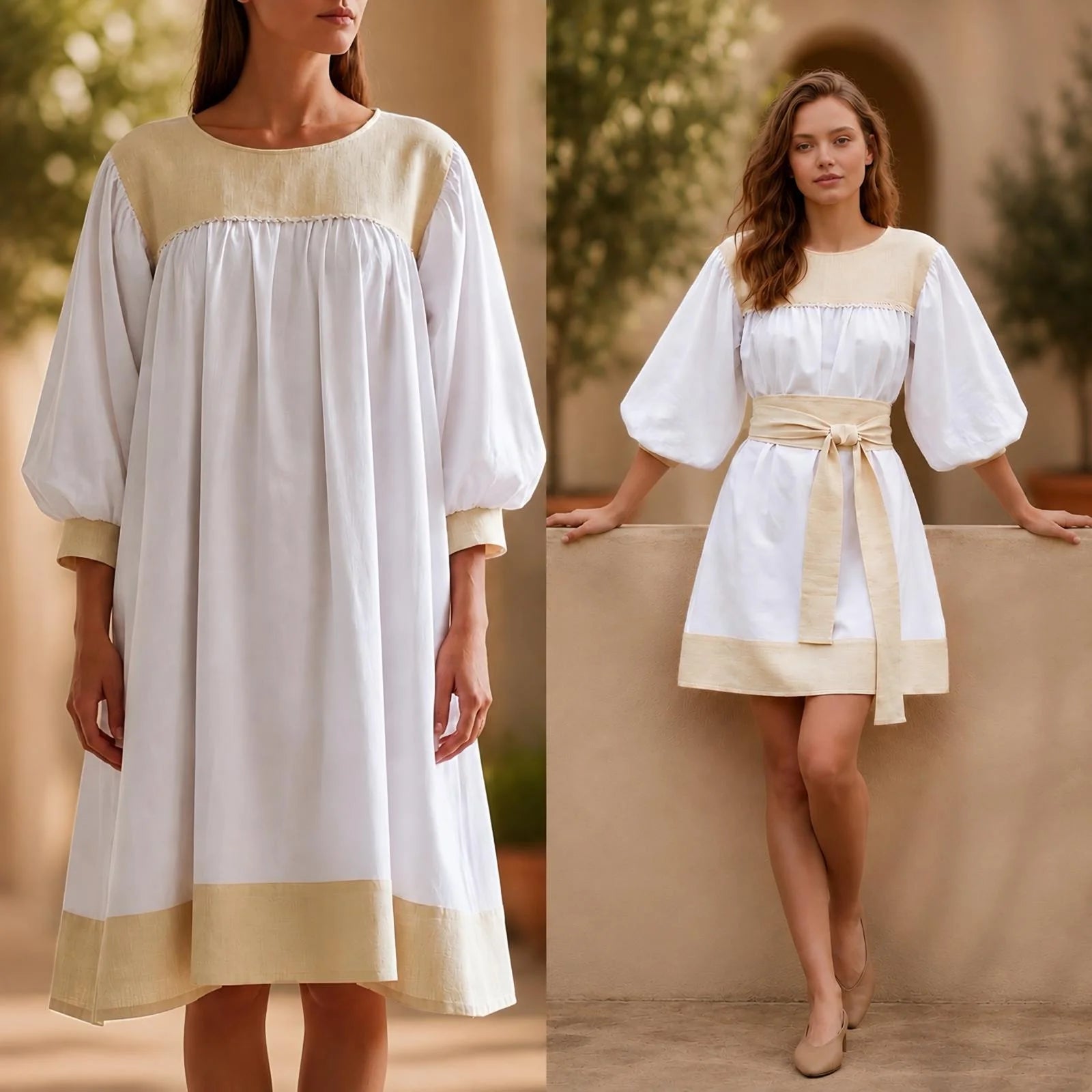 Rochie tip ie modernă din in natural alb si crem – Mara alb 01