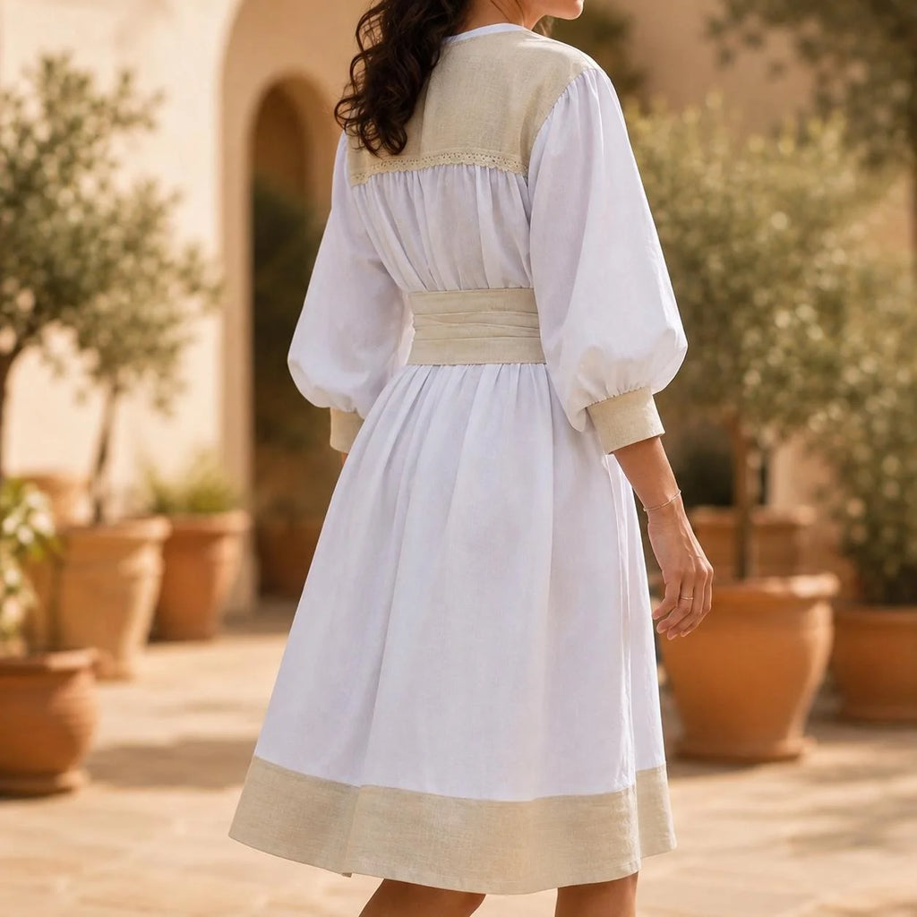 Rochie tip ie modernă din in natural alb si crem – Mara alb 01