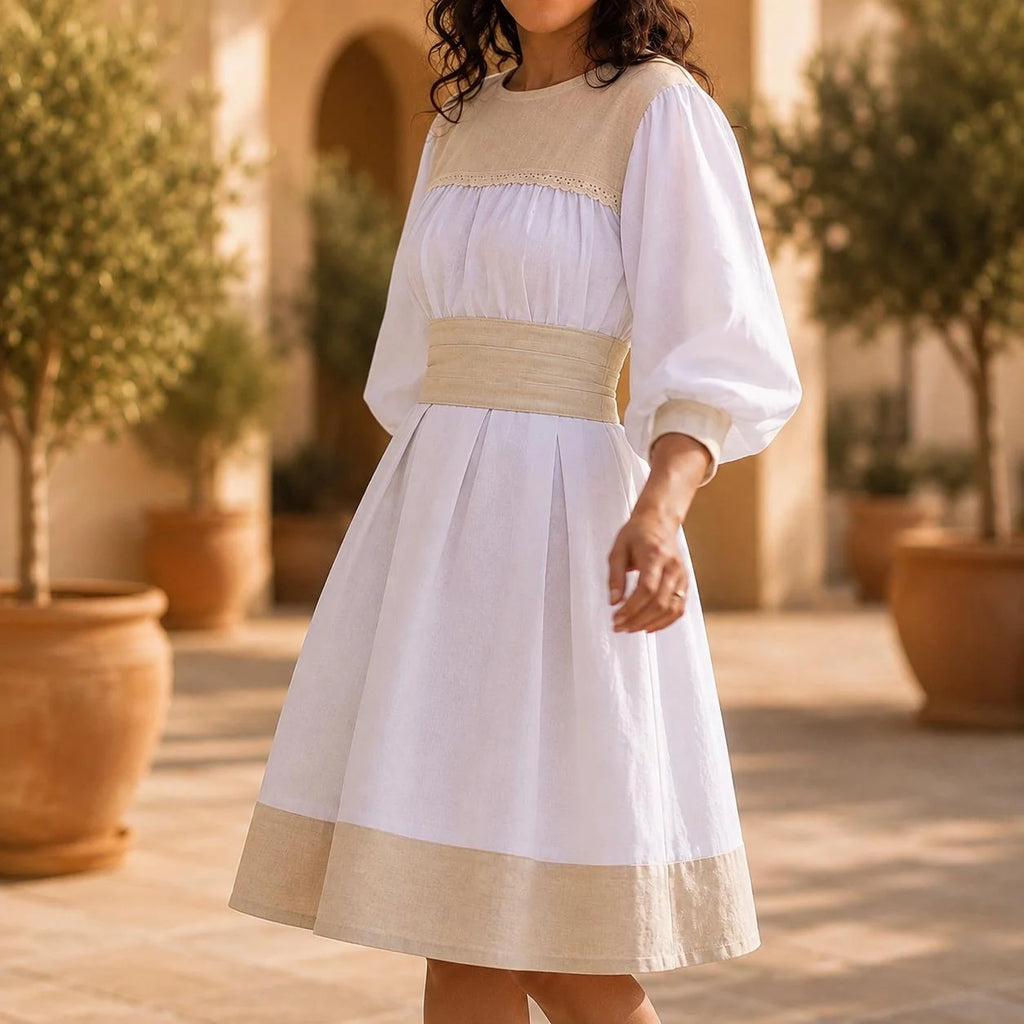 Rochie tip ie modernă din in natural alb si crem – Mara alb 01