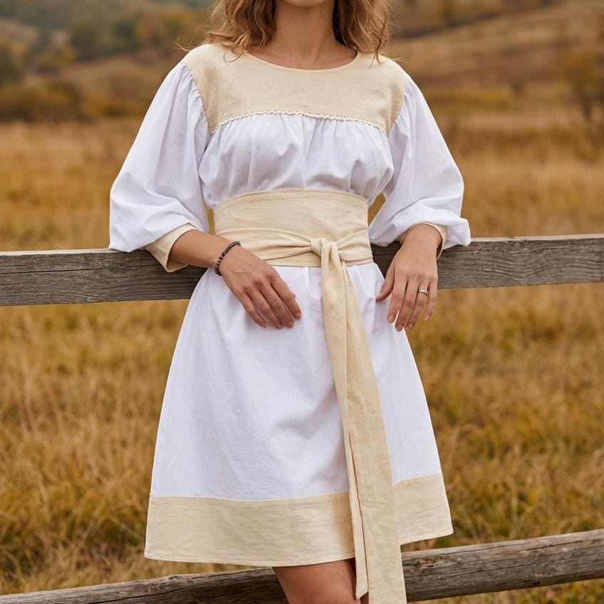 Rochie tip ie modernă din in natural alb si crem – Mara alb 01