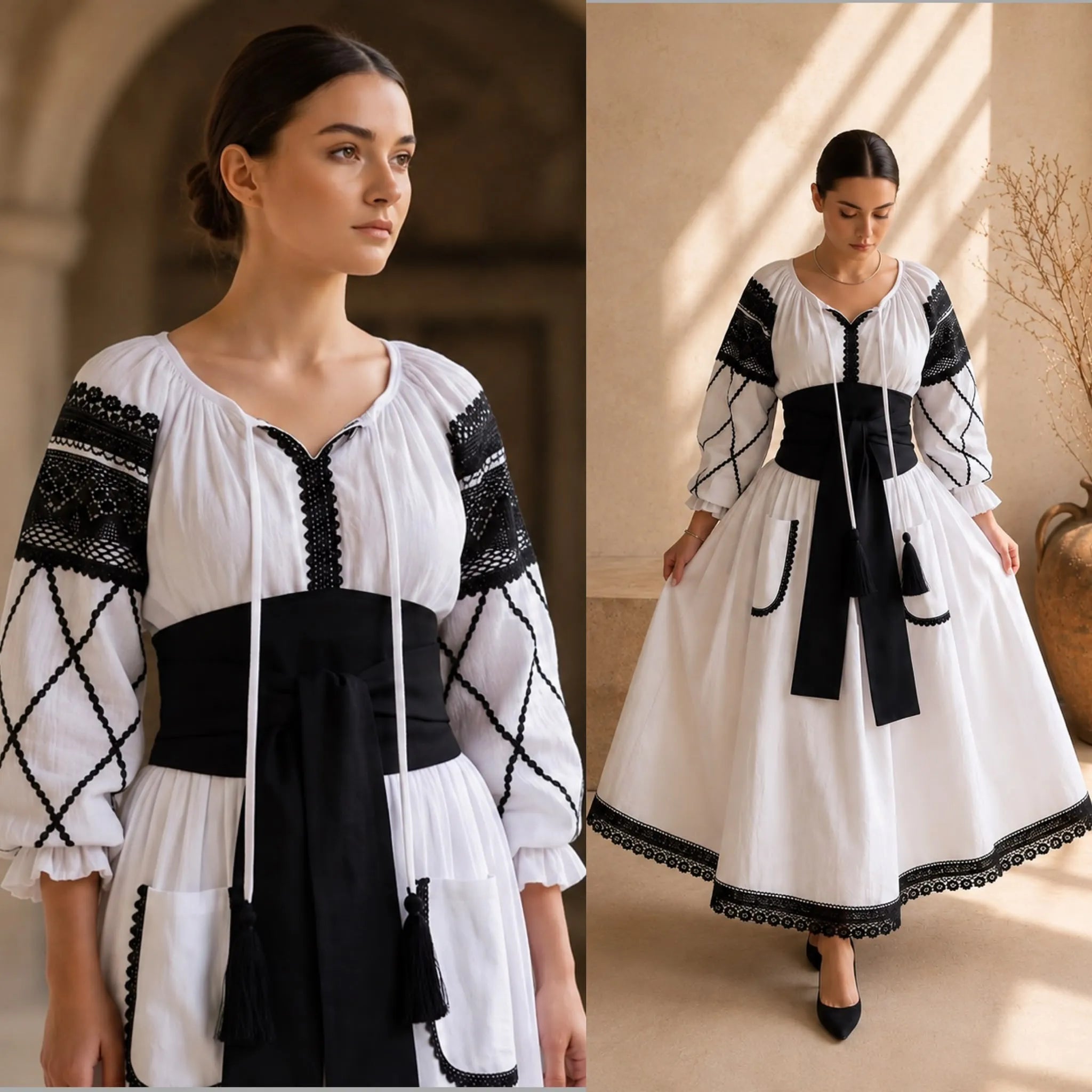 Rochie Nationala alba din panza topita dantela neagra - Maria 02