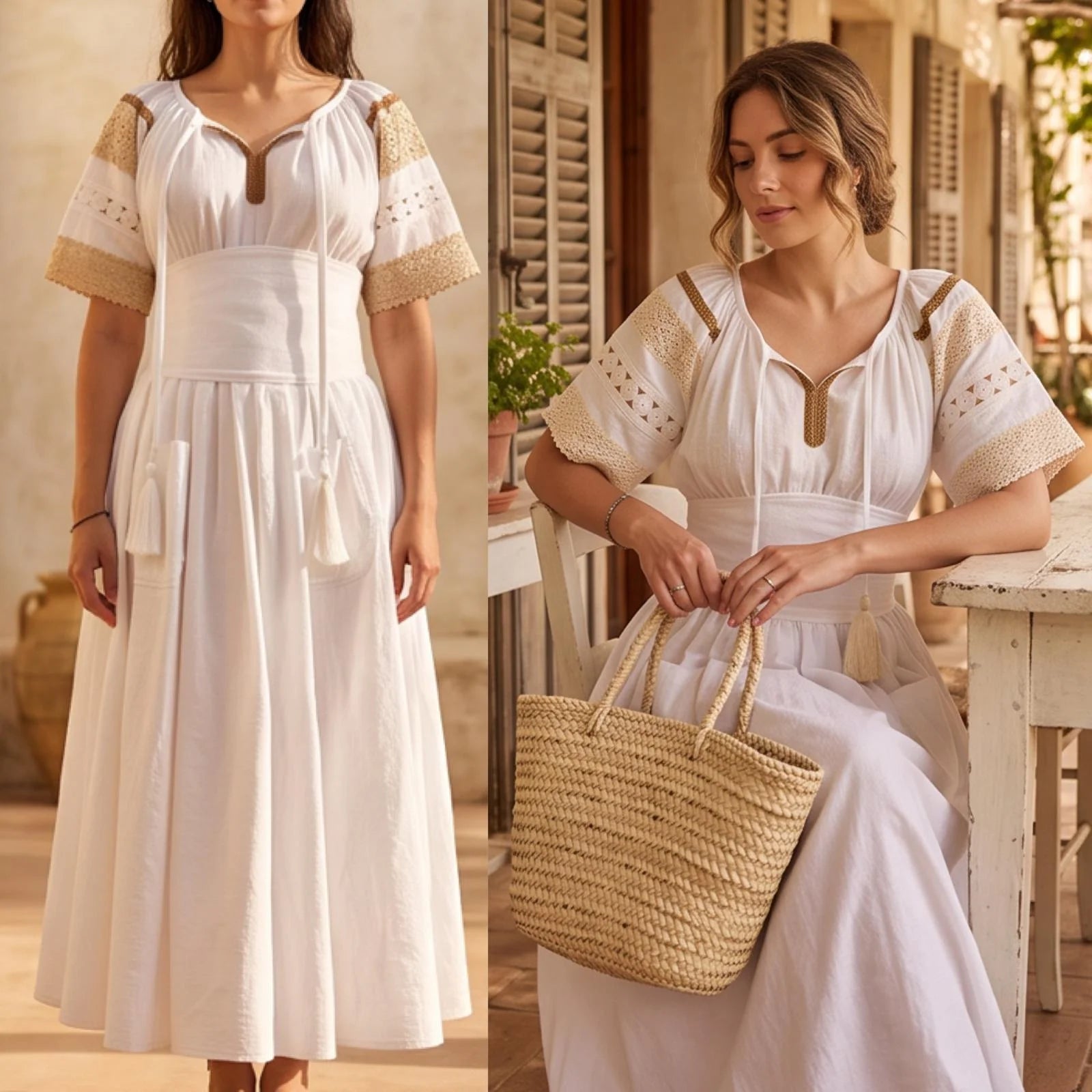 Rochie Nationala alba din panza topita cu maneca scurta - Elisabeta 02