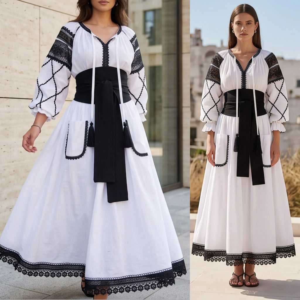 Rochie Nationala alba din panza topita dantela neagra - Maria 02