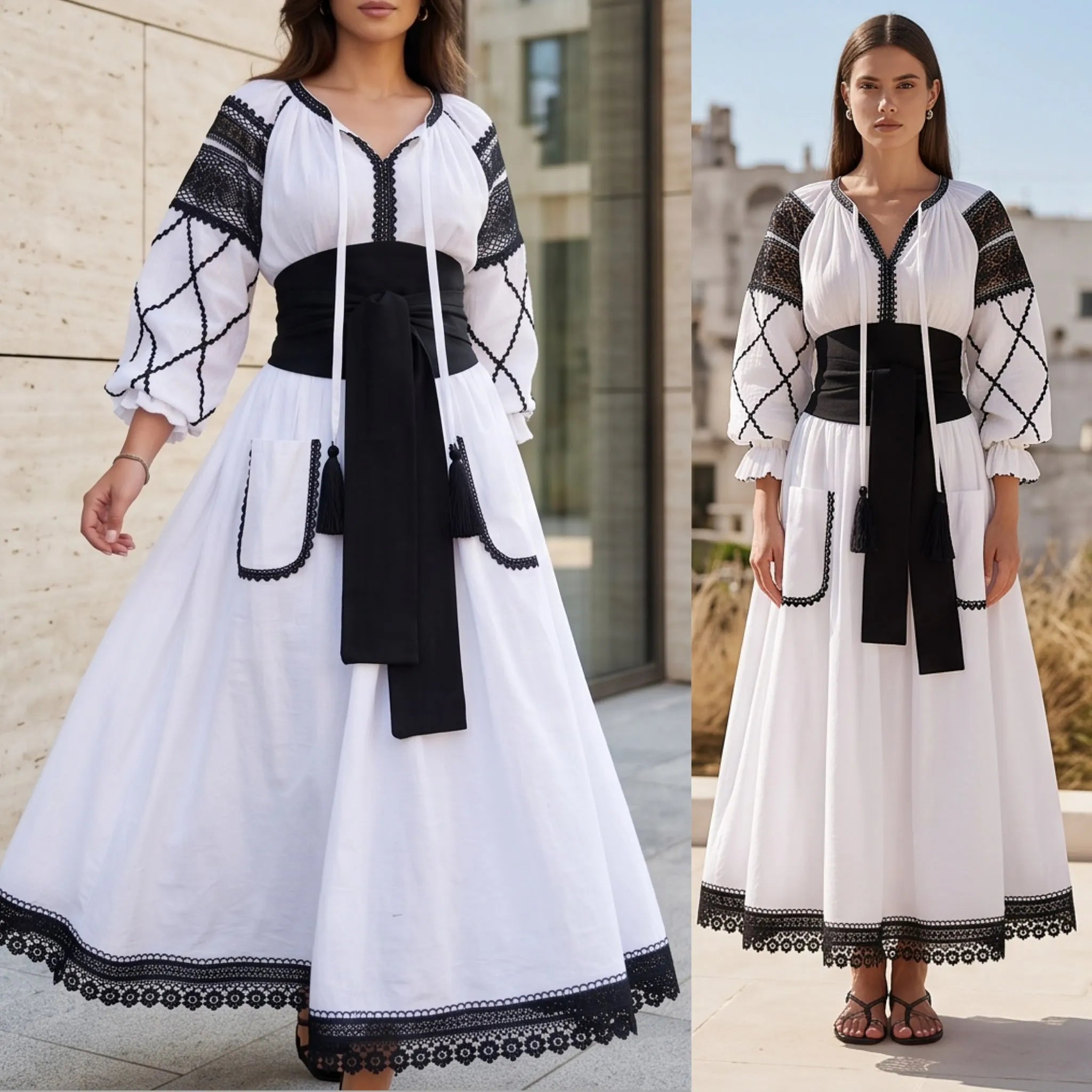 Rochie Nationala alba din panza topita dantela neagra - Maria 02
