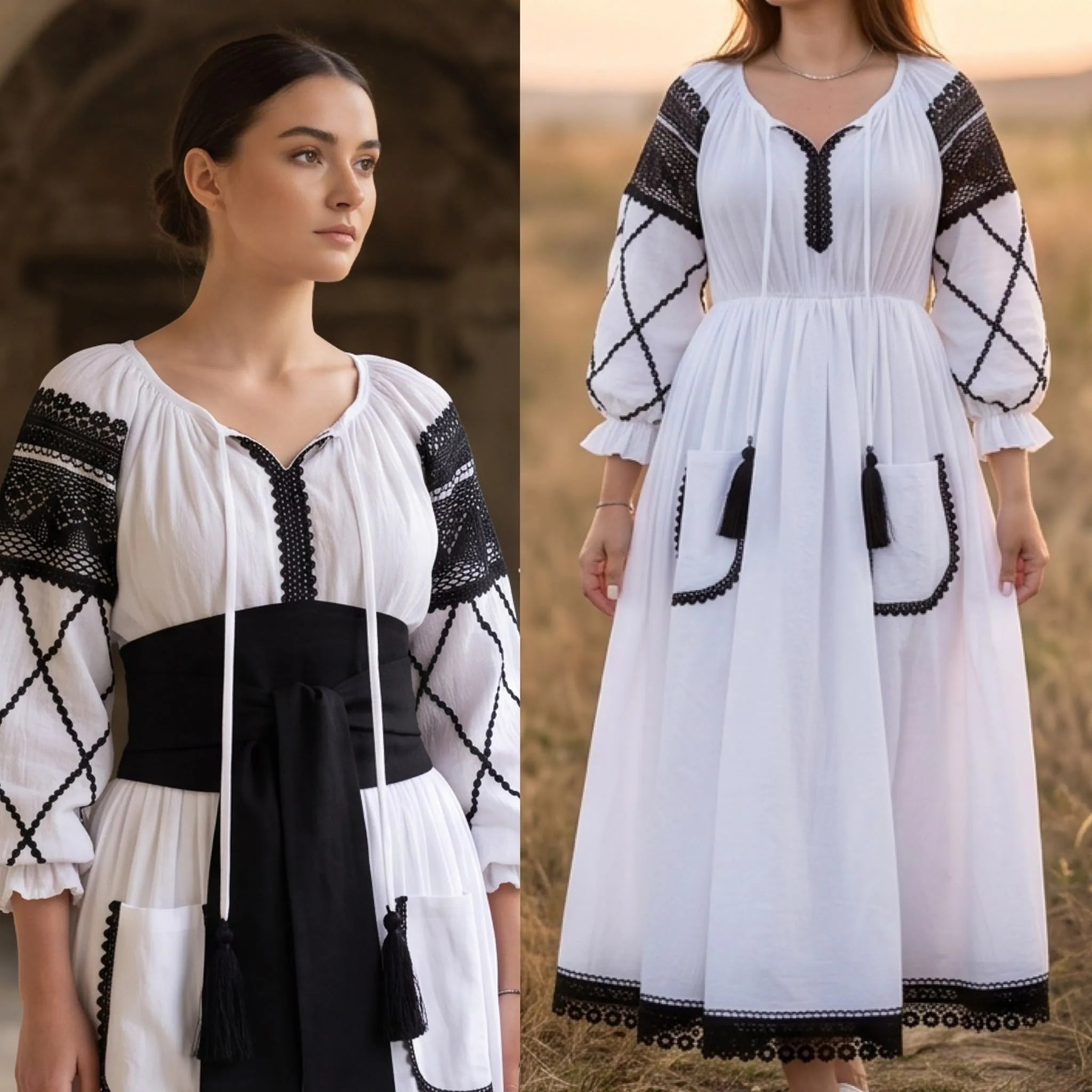 Rochie Nationala alba din panza topita dantela neagra - Maria 02