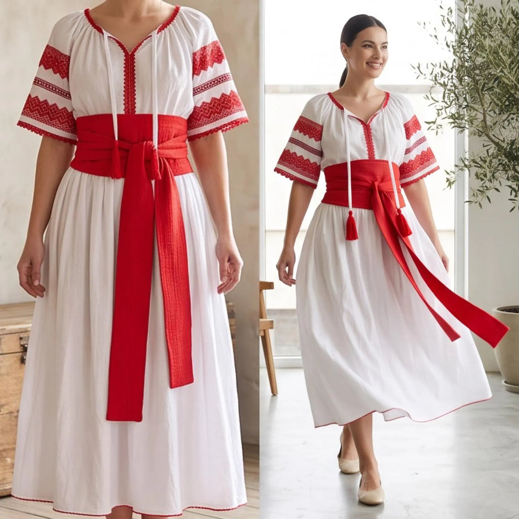 Rochie Nationala alba din panza topita, cu maneca scurta - Diana rosu