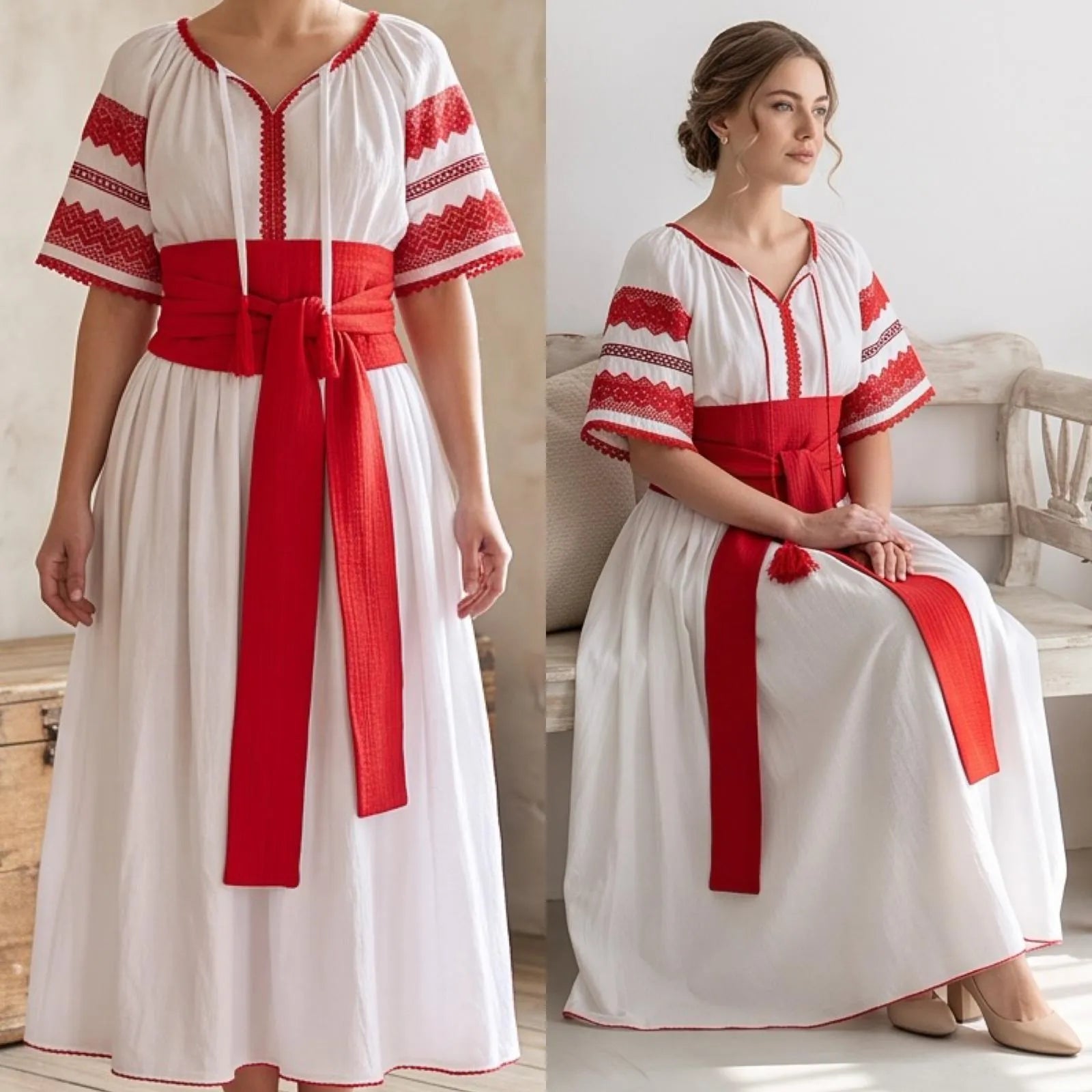 Rochie Nationala alba din panza topita, cu maneca scurta - Diana rosu