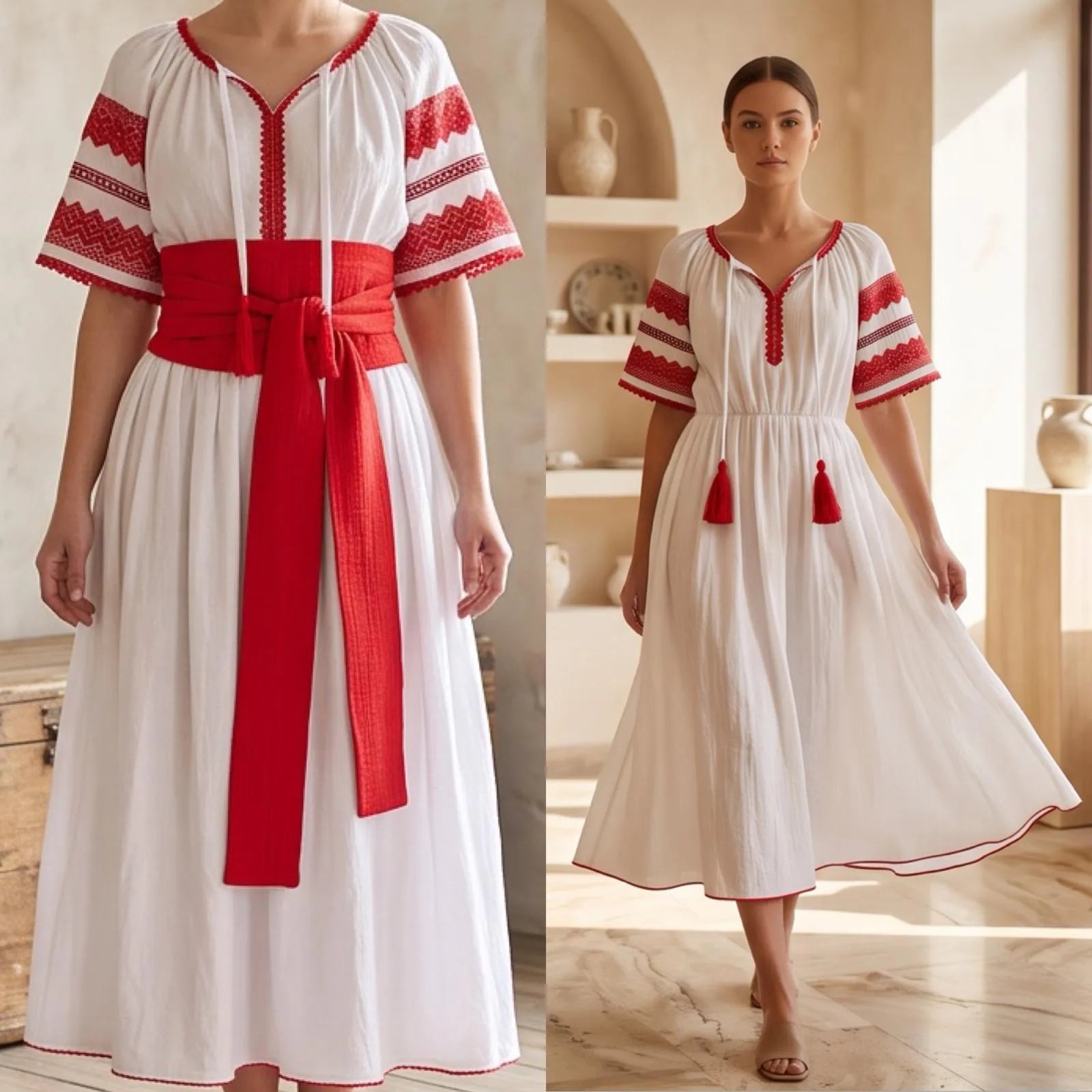 Rochie Nationala alba din panza topita, cu maneca scurta - Diana rosu