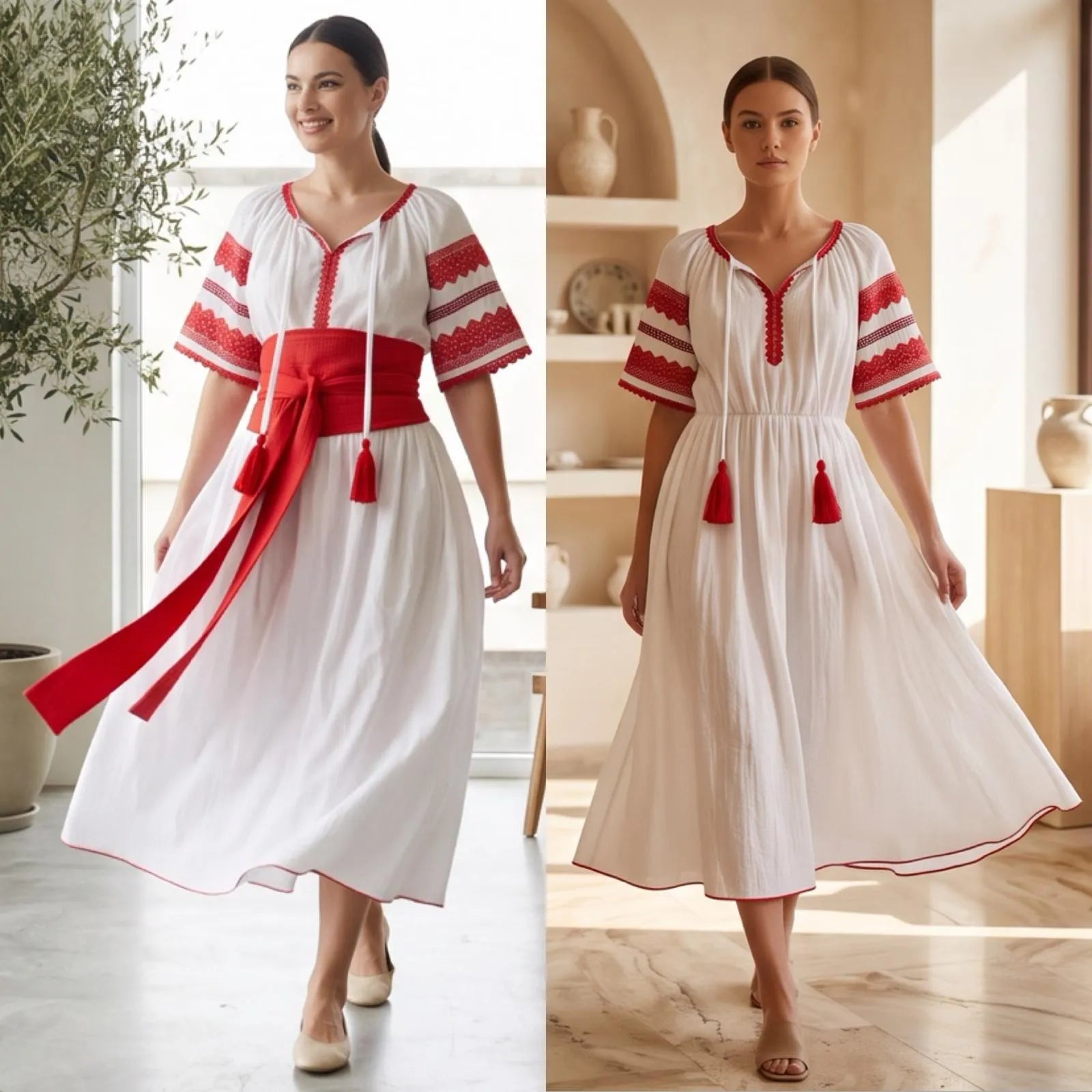 Rochie Nationala alba din panza topita, cu maneca scurta - Diana rosu