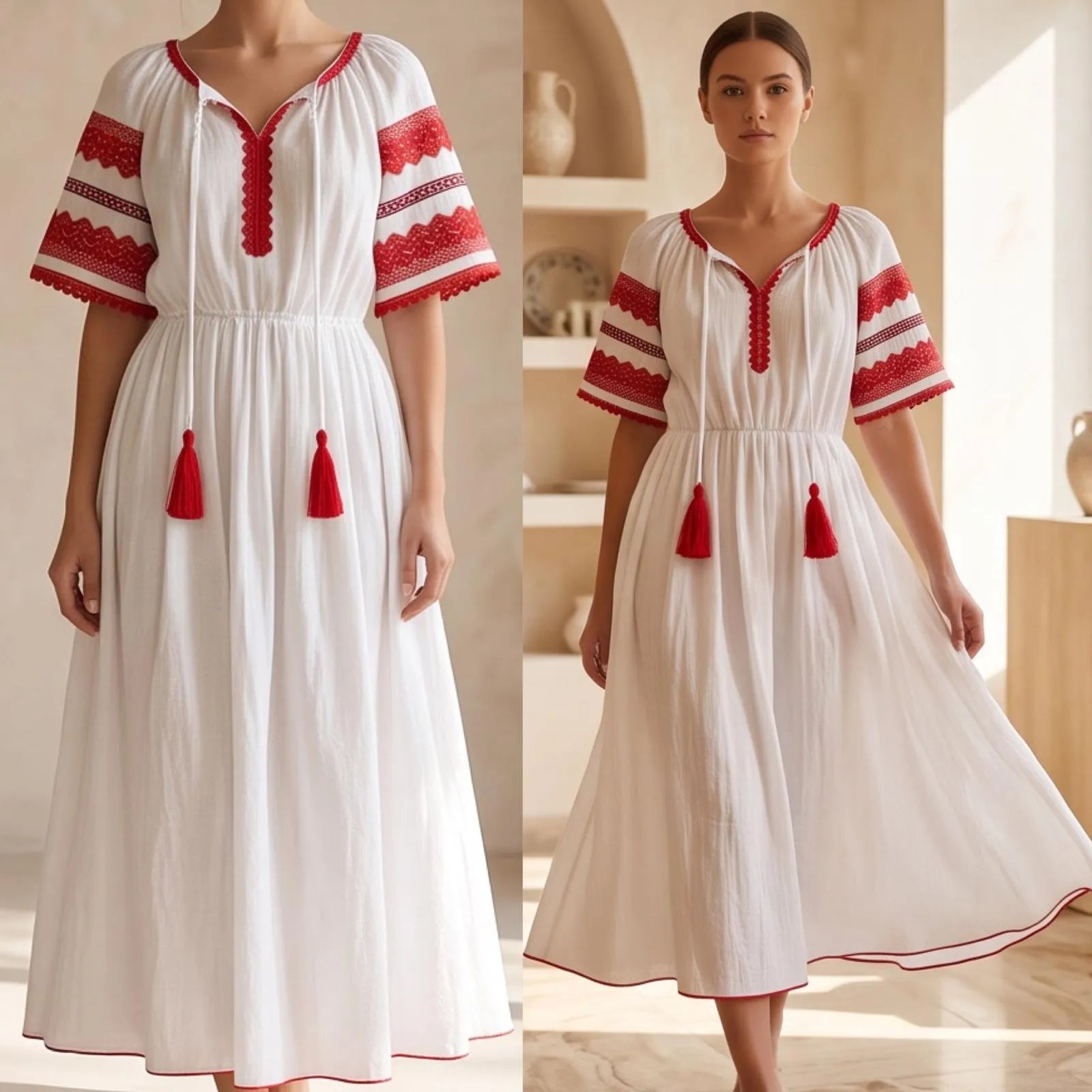Rochie Nationala alba din panza topita, cu maneca scurta - Diana rosu