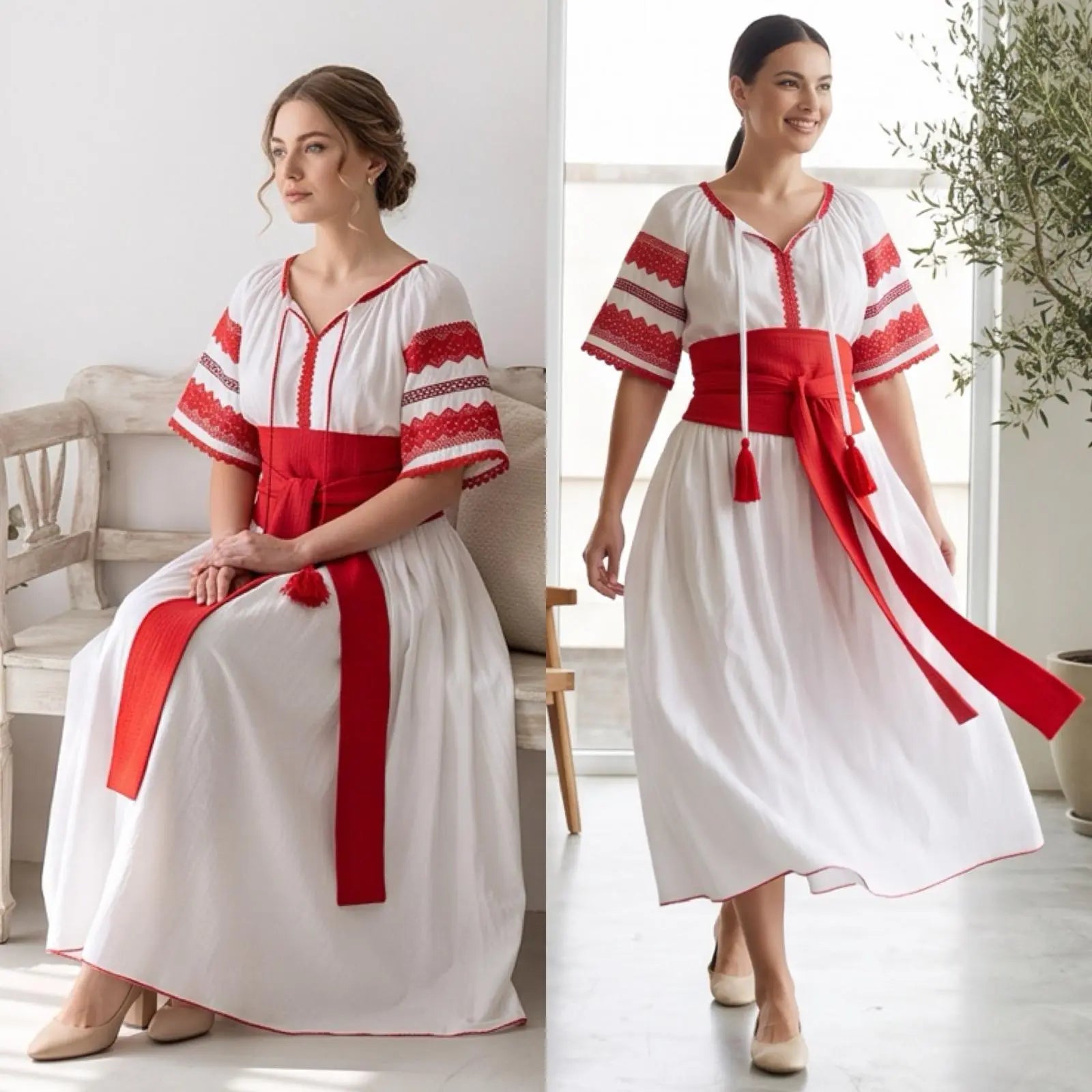 Rochie Nationala alba din panza topita, cu maneca scurta - Diana rosu