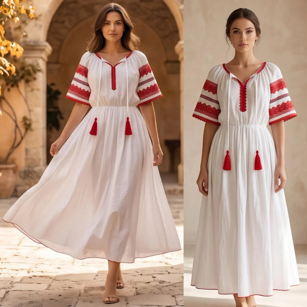 Rochie Nationala alba din panza topita, cu maneca scurta - Diana rosu