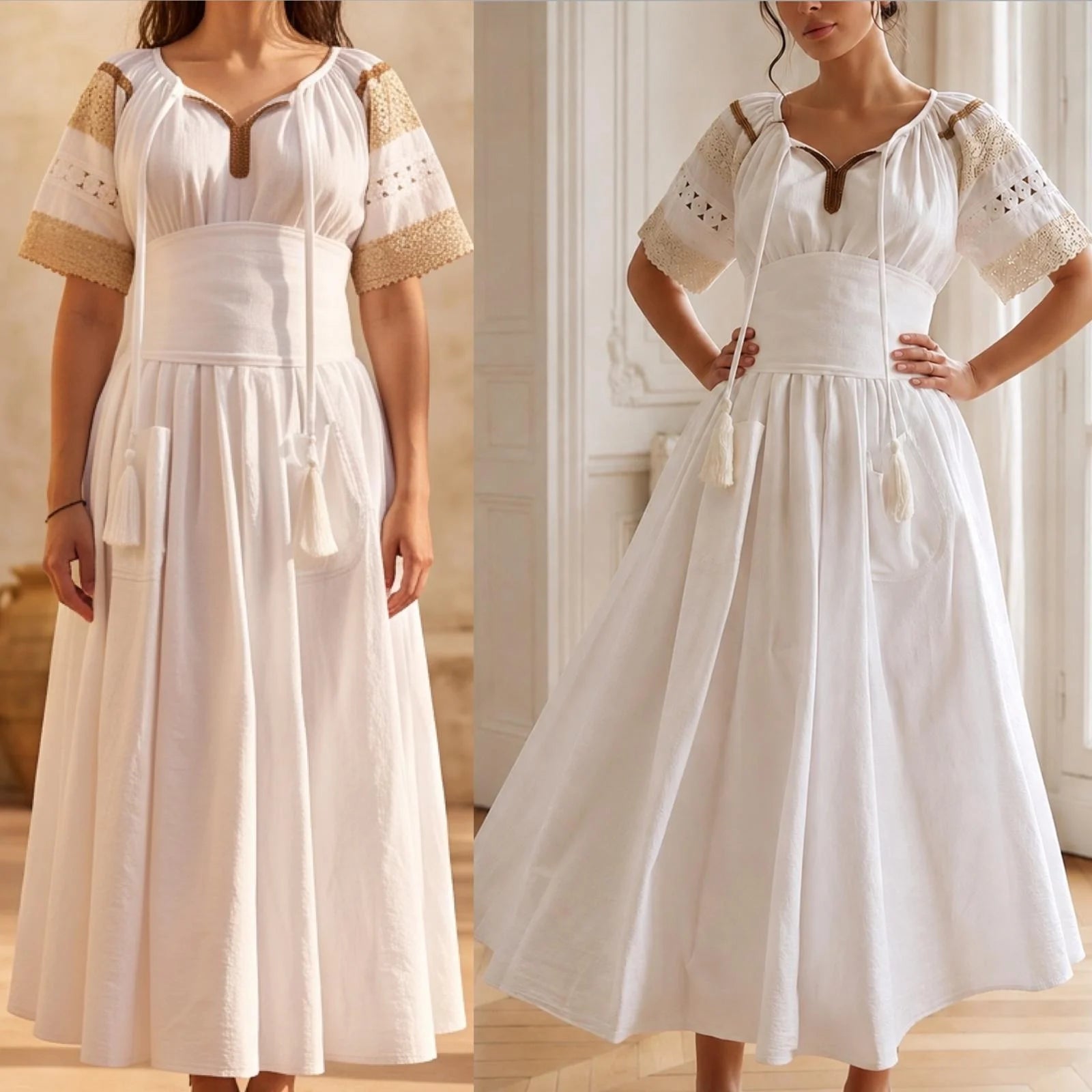 Rochie Nationala alba din panza topita cu maneca scurta - Elisabeta 02