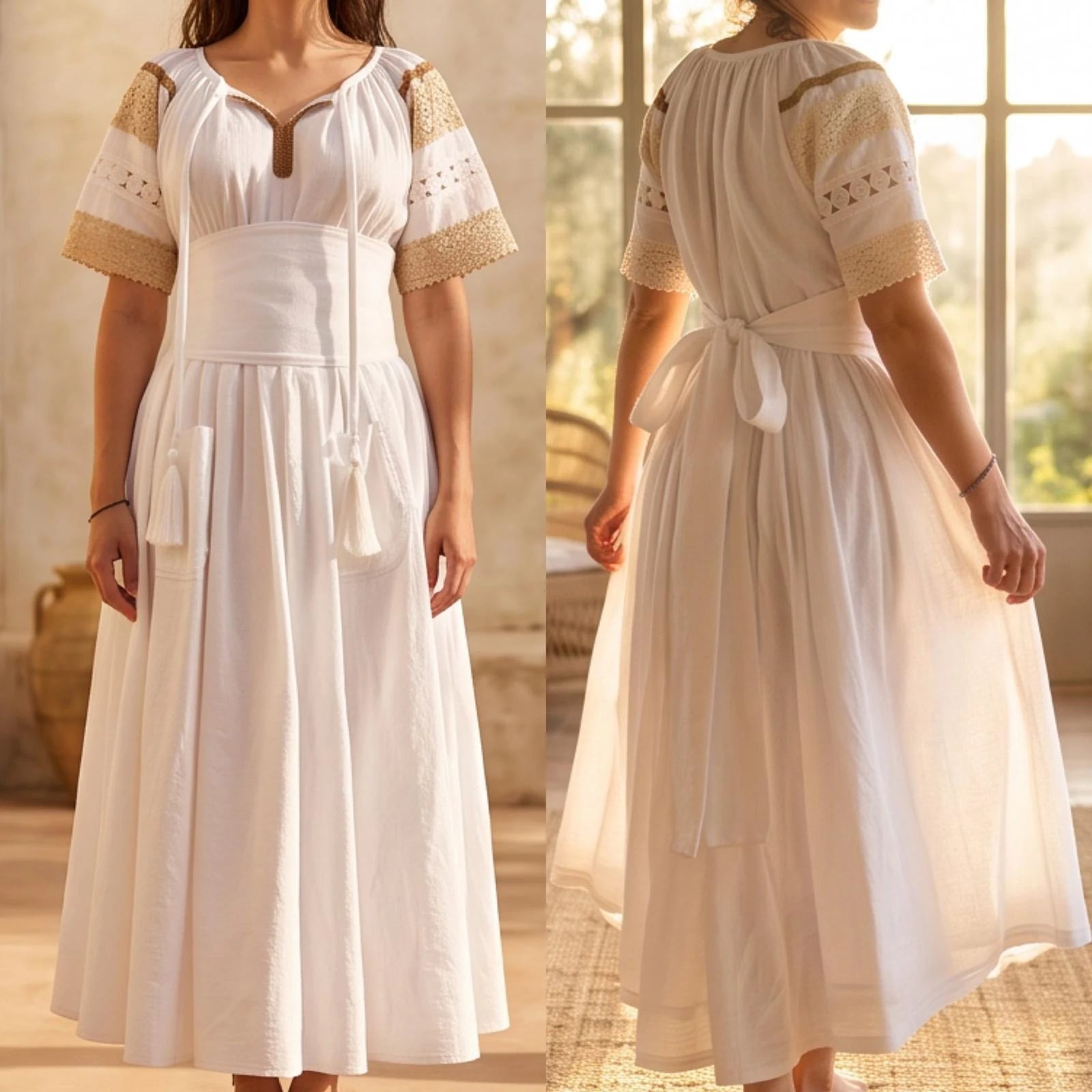 Rochie Nationala alba din panza topita cu maneca scurta - Elisabeta 02