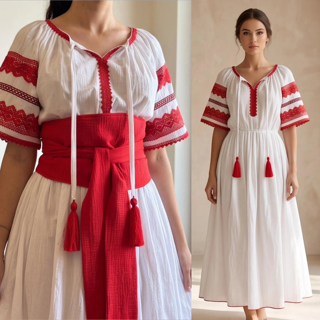 Rochie Nationala alba din panza topita, cu maneca scurta - Diana rosu