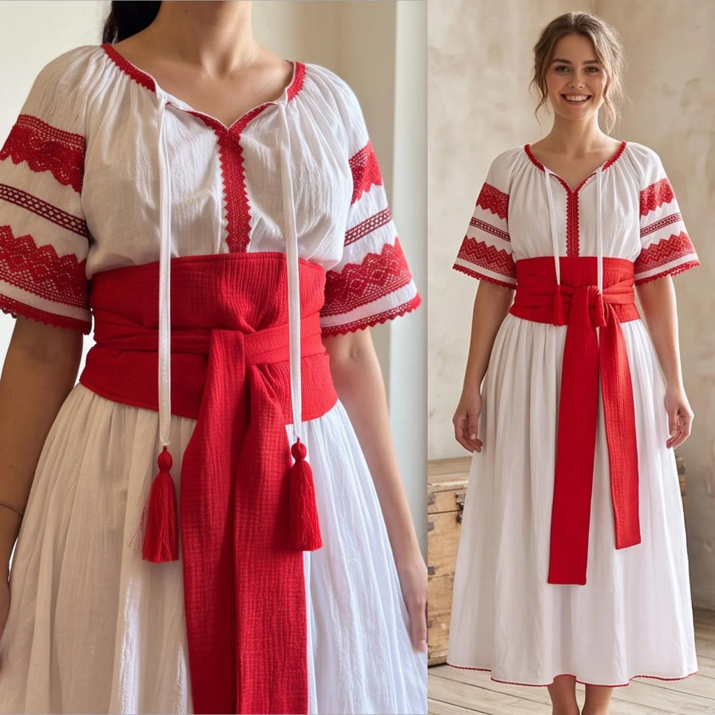 Rochie Nationala alba din panza topita, cu maneca scurta - Diana rosu