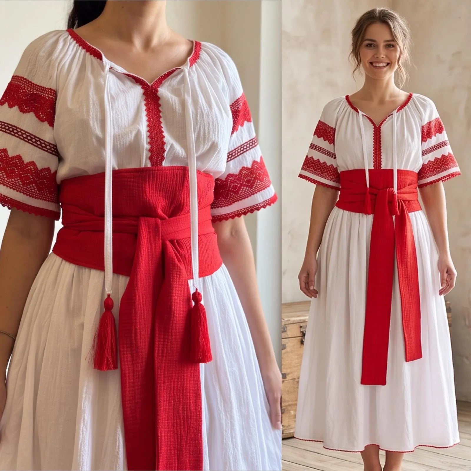 Rochie Nationala alba din panza topita, cu maneca scurta - Diana rosu