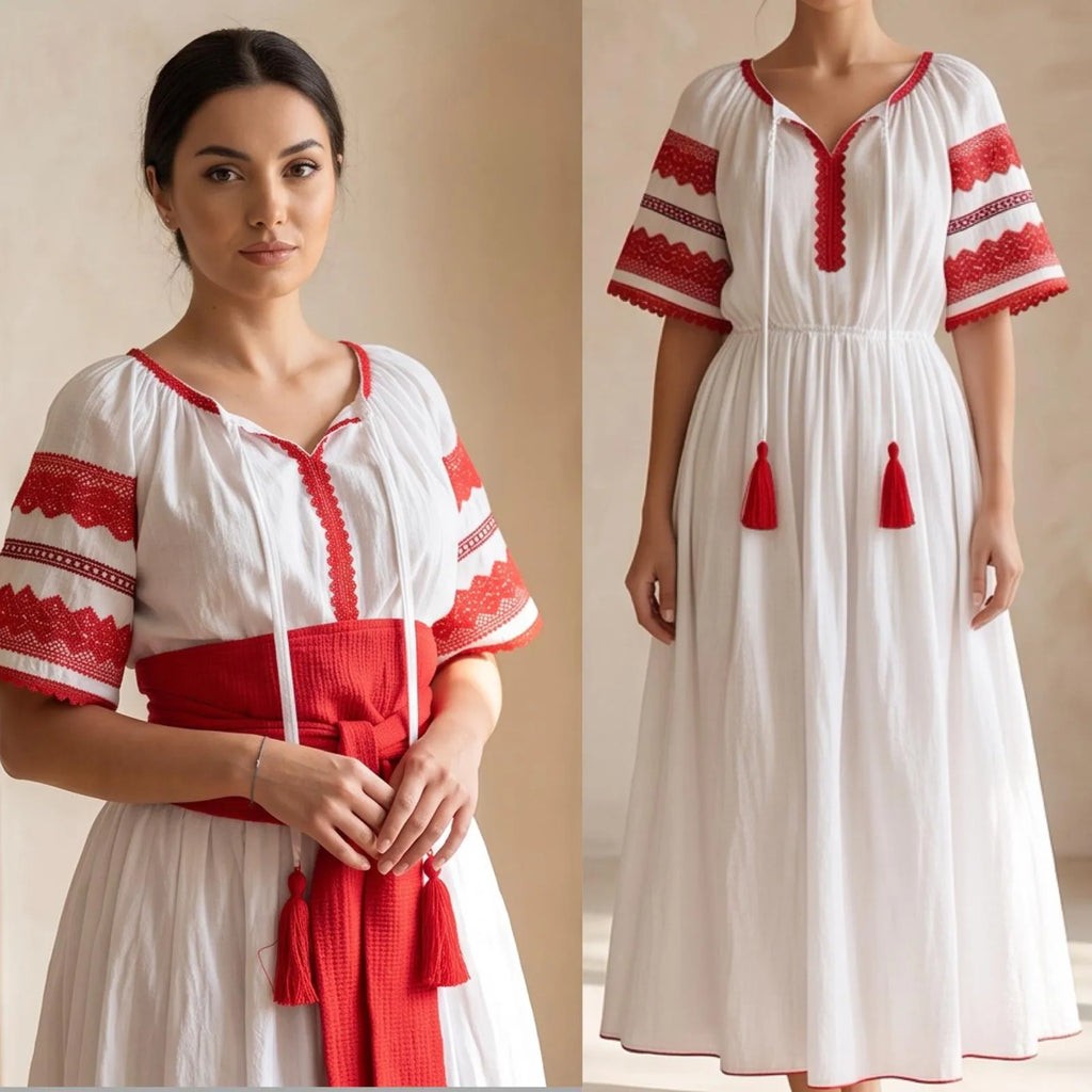 Rochie Nationala alba din panza topita, cu maneca scurta - Diana rosu