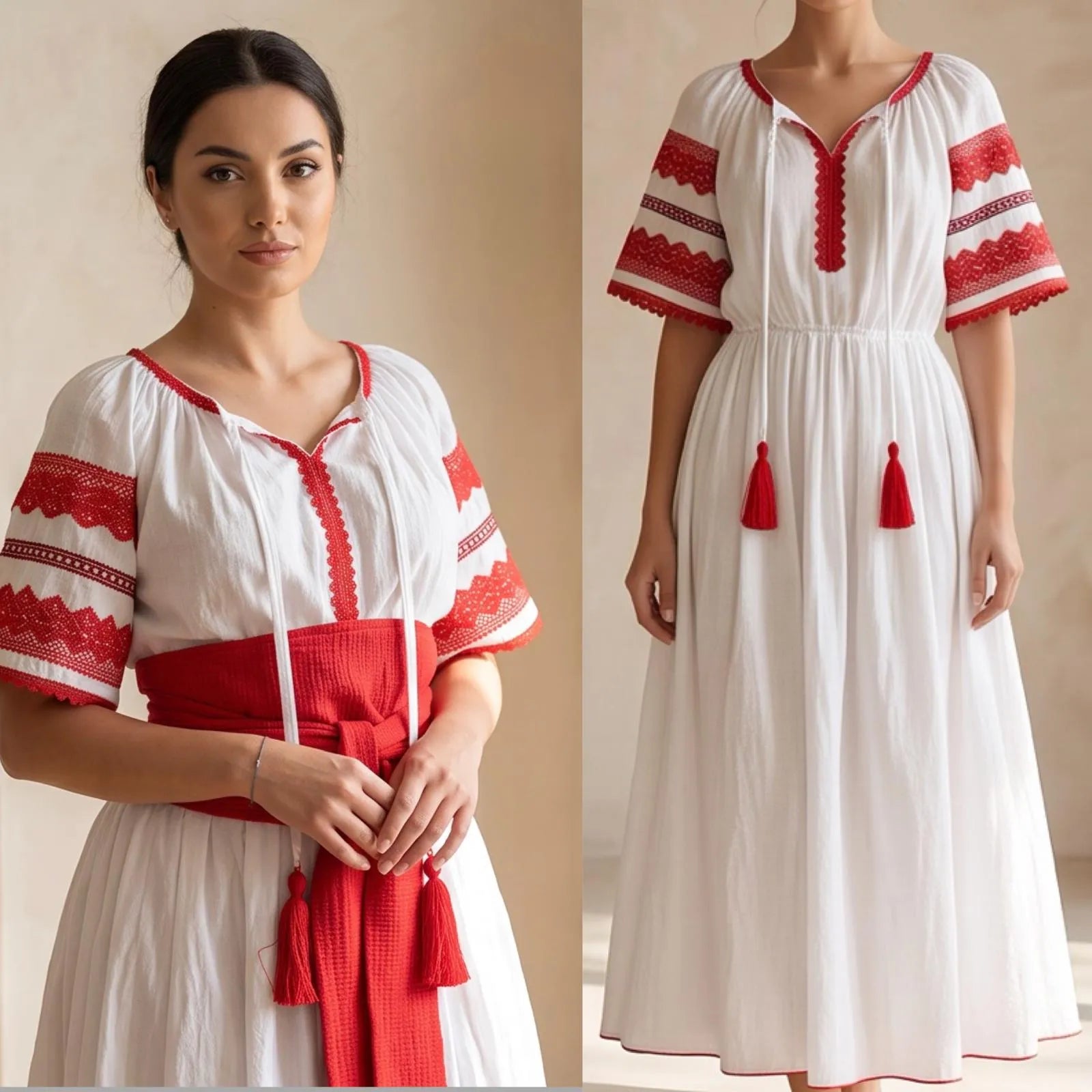 Rochie Nationala alba din panza topita, cu maneca scurta - Diana rosu