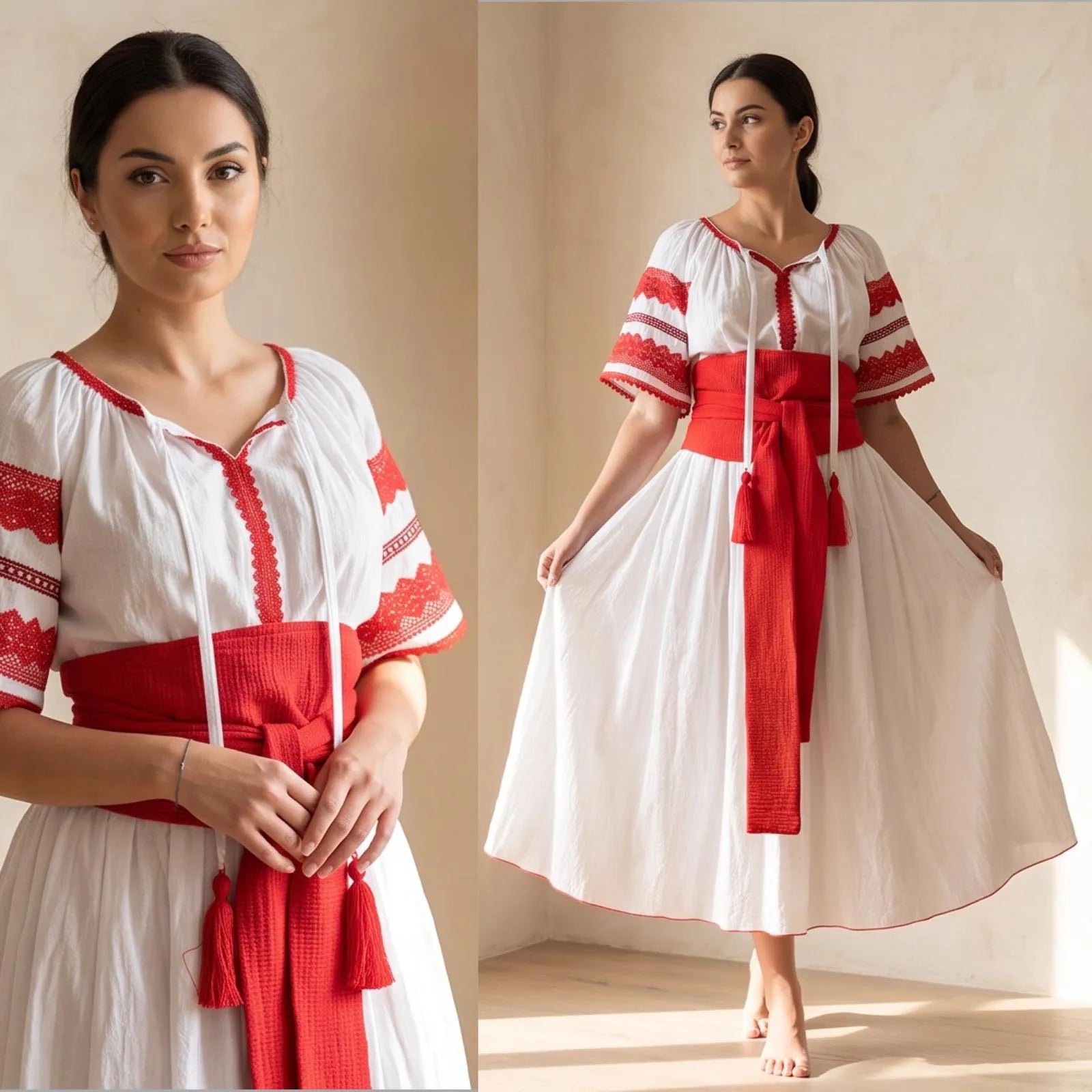Rochie Nationala alba din panza topita, cu maneca scurta - Diana rosu