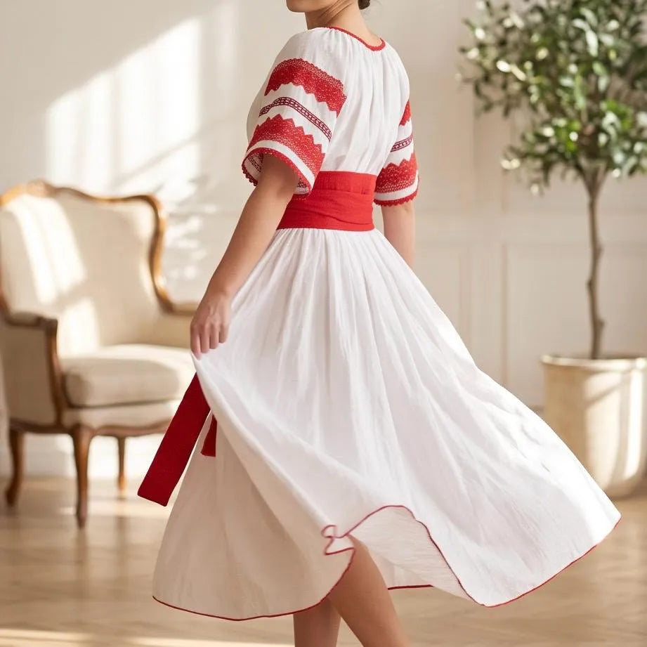 Rochie Nationala alba din panza topita, cu maneca scurta - Diana rosu