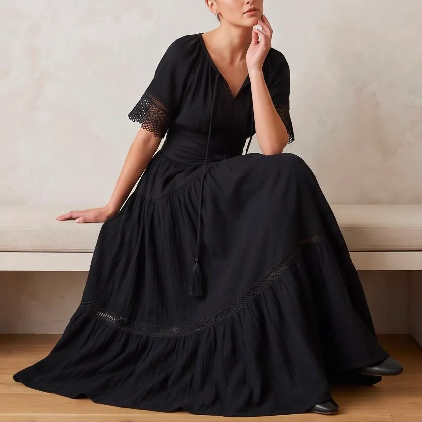 Rochie Nationala neagra din panza de bumbac cu maneca scurta - Alma 04