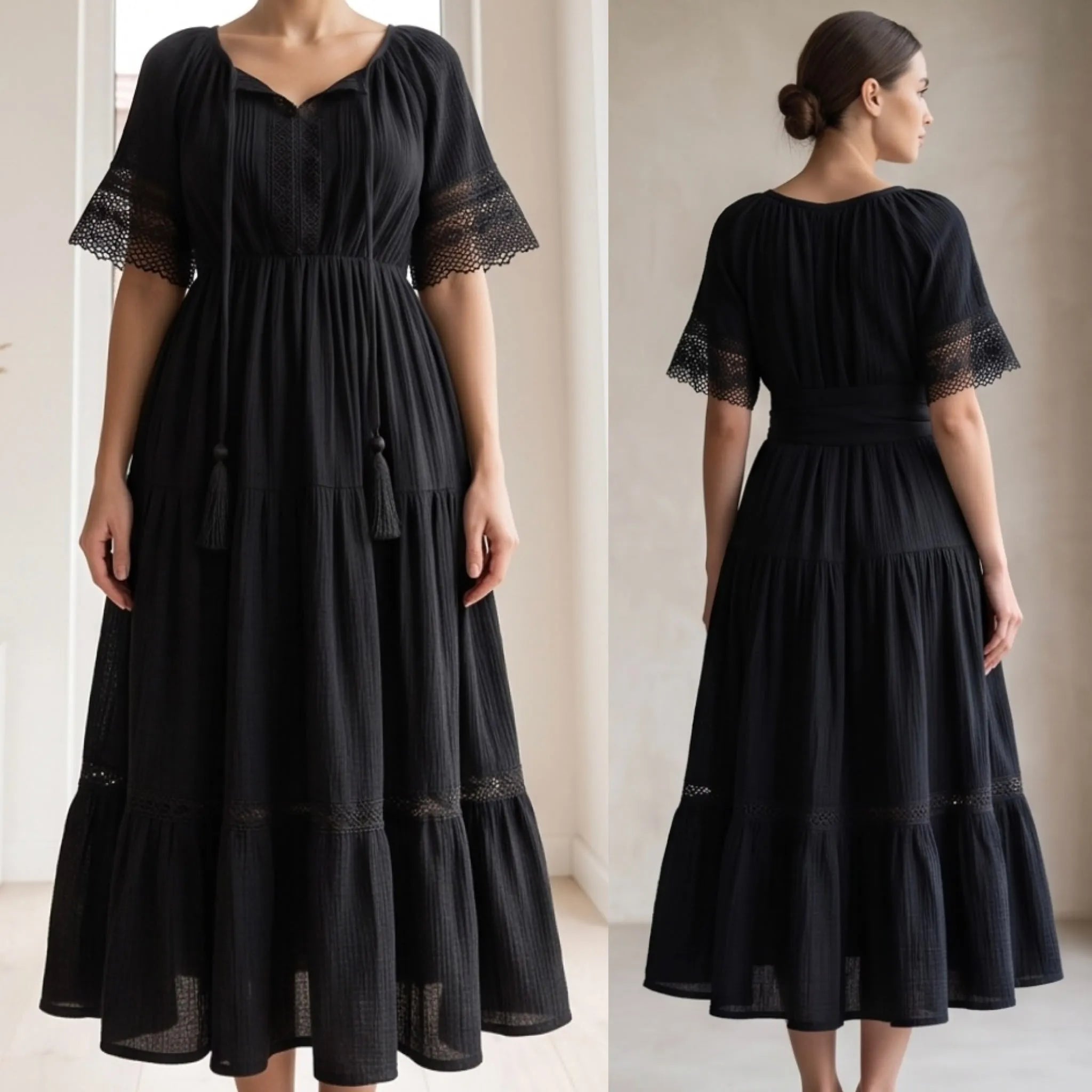 Rochie Nationala neagra din panza de bumbac cu maneca scurta - Alma 04