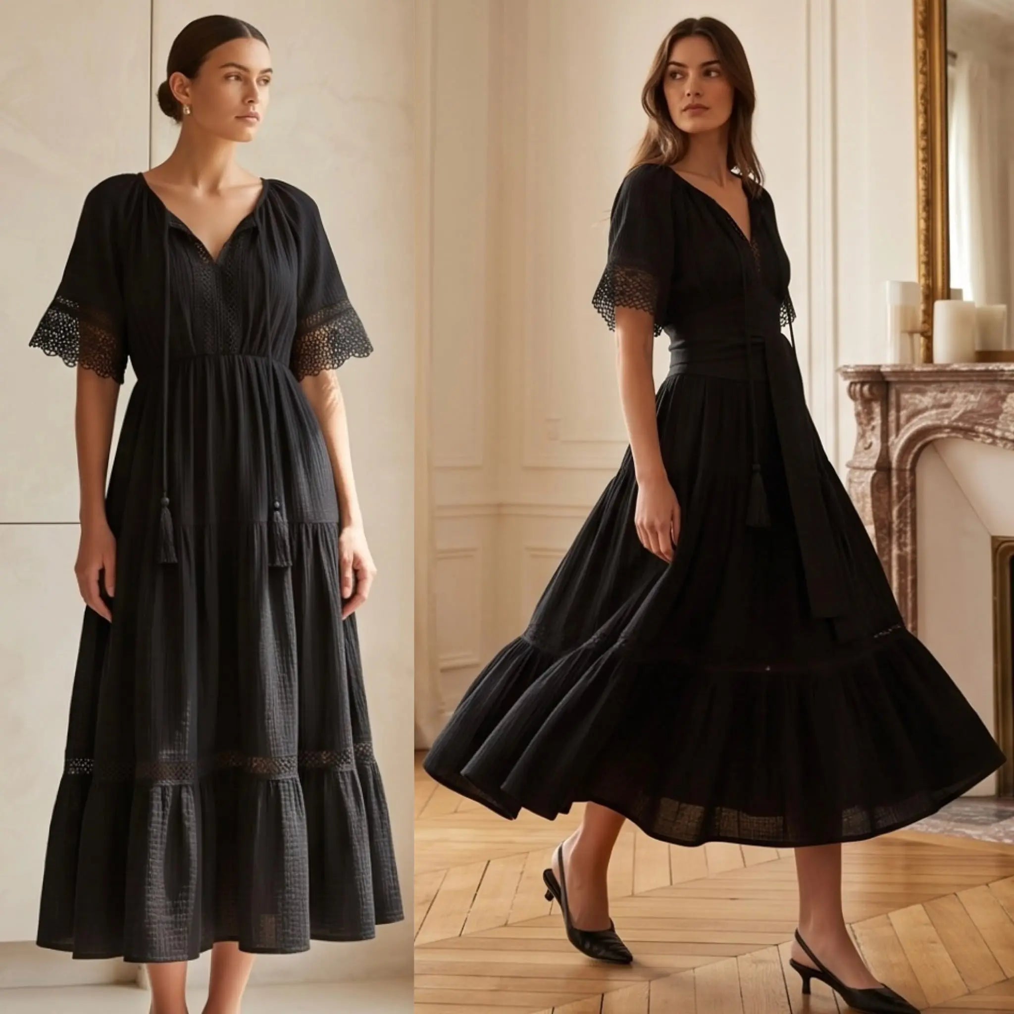 Rochie Nationala neagra din panza de bumbac cu maneca scurta - Alma 04