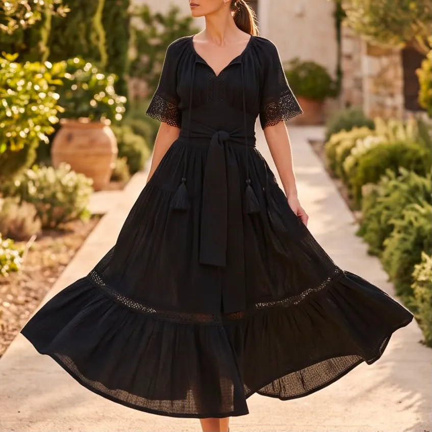 Rochie Nationala neagra din panza de bumbac cu maneca scurta - Alma 04