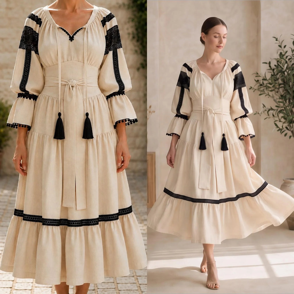 Rochie Nationala crem din panza de in natural cu dantela neagra - Valeria 01
