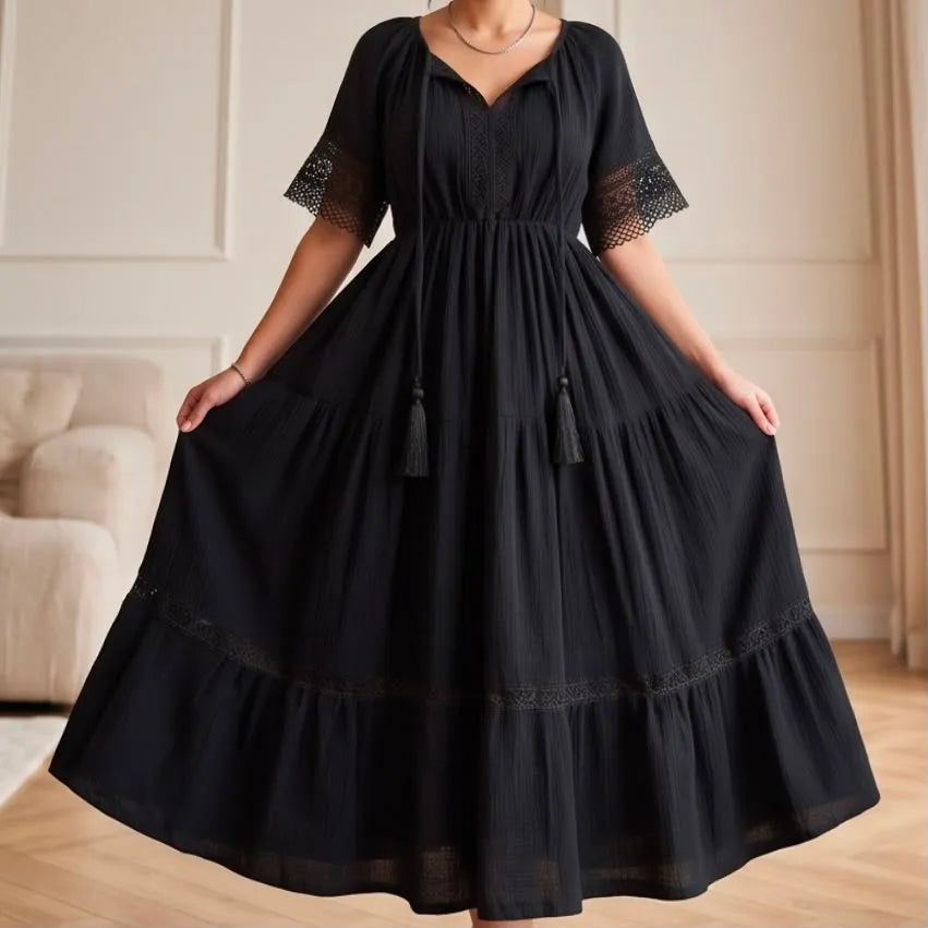 Rochie Nationala neagra din panza de bumbac cu maneca scurta - Alma 04