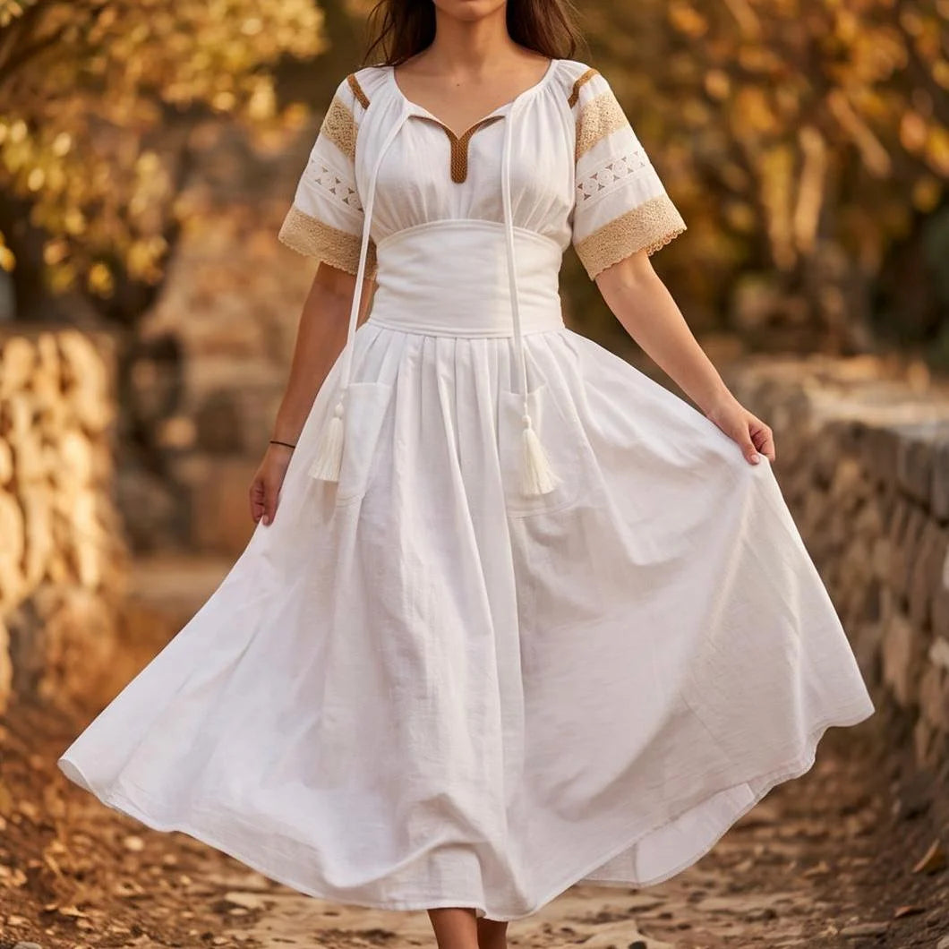 Rochie Nationala alba din panza topita cu maneca scurta - Elisabeta 02