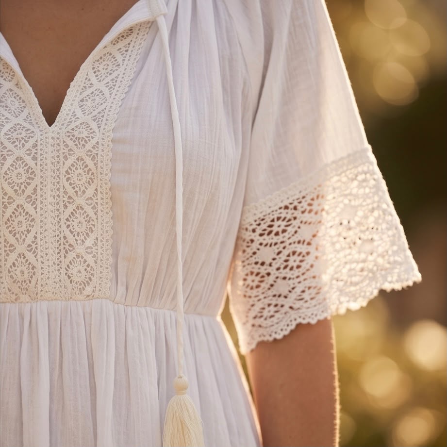 Rochie Nationala alba din panza topita cu maneca scurta - Alma 03