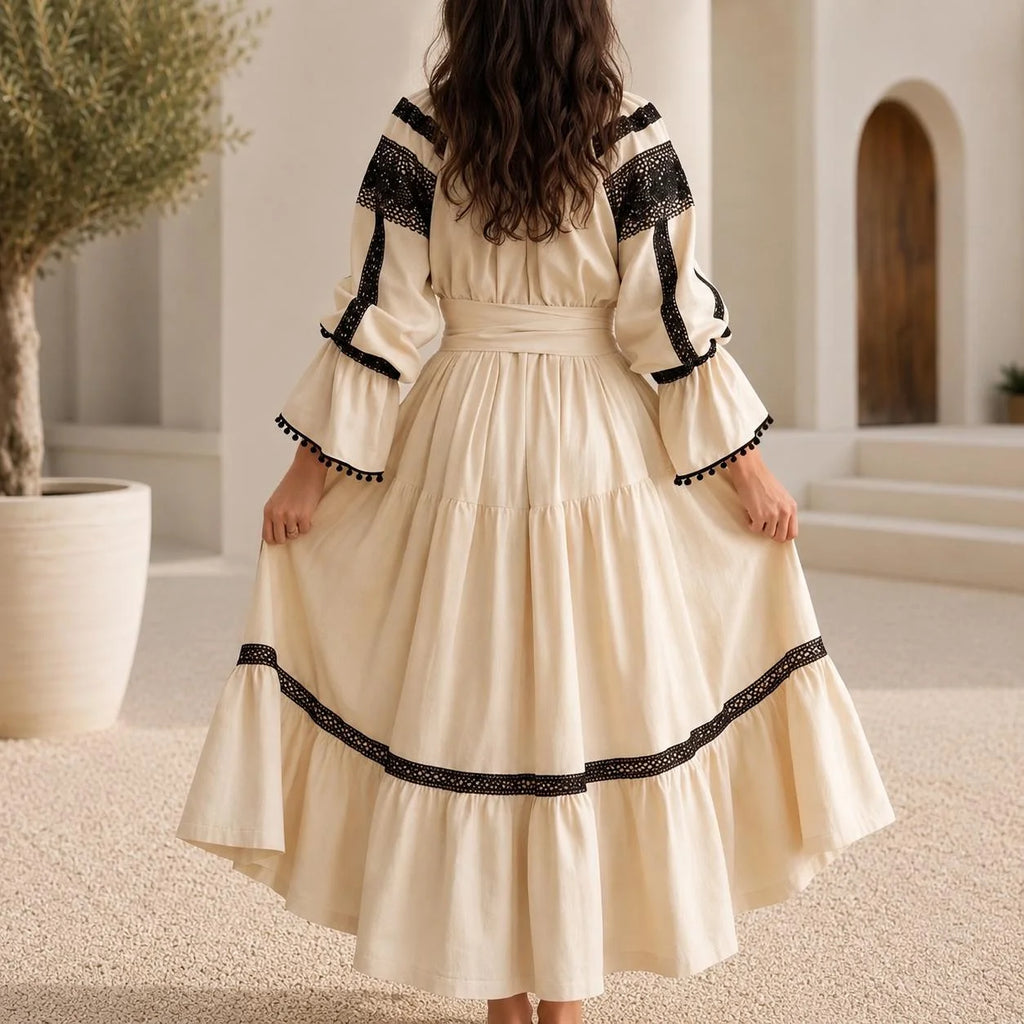 Rochie Nationala crem din panza de in natural cu dantela neagra - Valeria 01