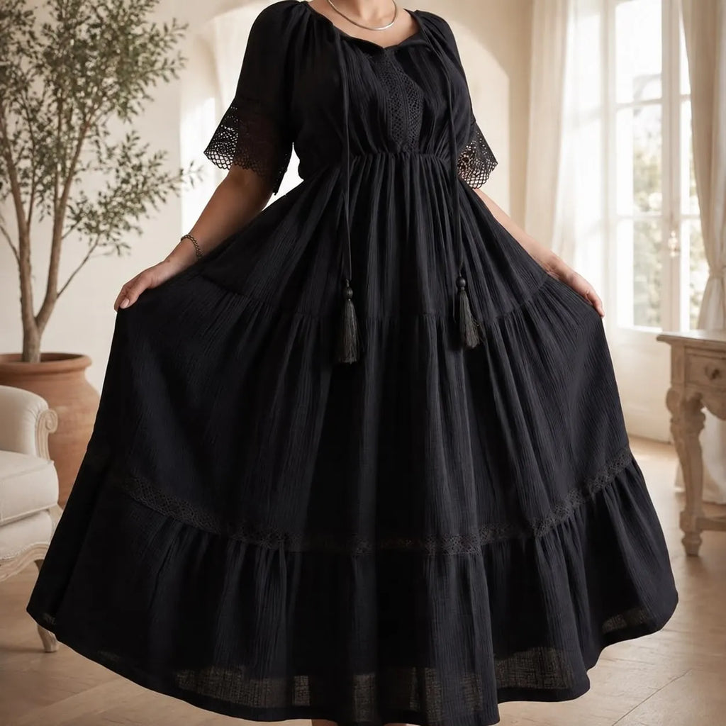 Rochie Nationala neagra din panza de bumbac cu maneca scurta - Alma 04