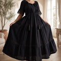 Rochie Nationala neagra din panza de bumbac cu maneca scurta - Alma 04