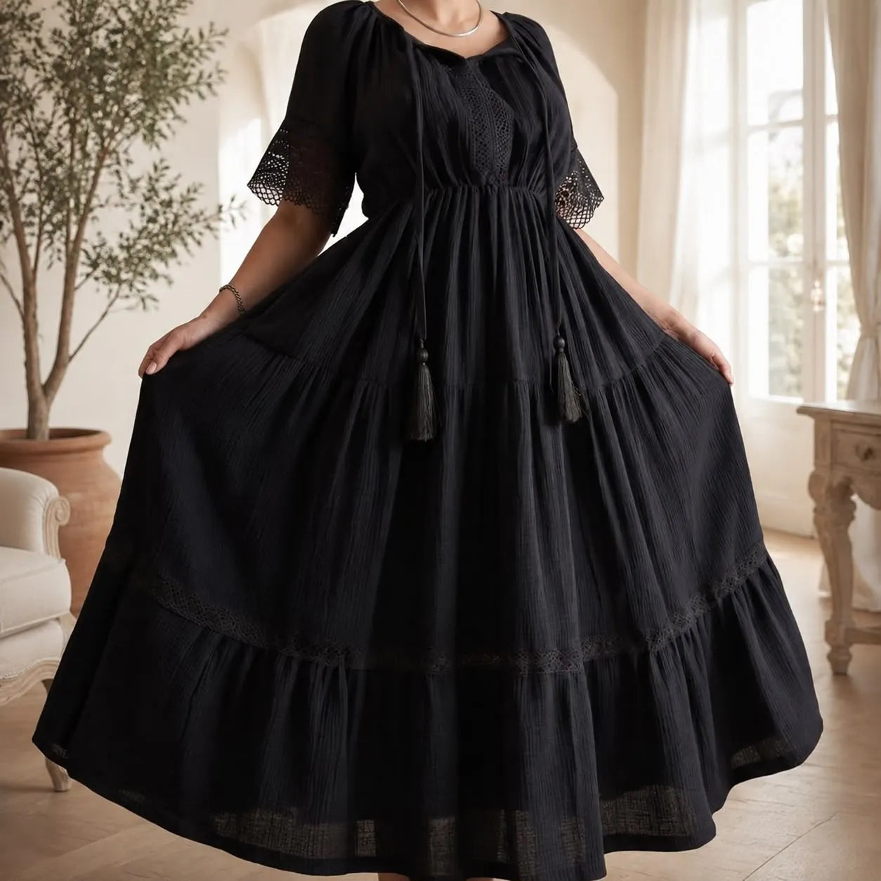 Rochie Nationala neagra din panza de bumbac cu maneca scurta - Alma 04