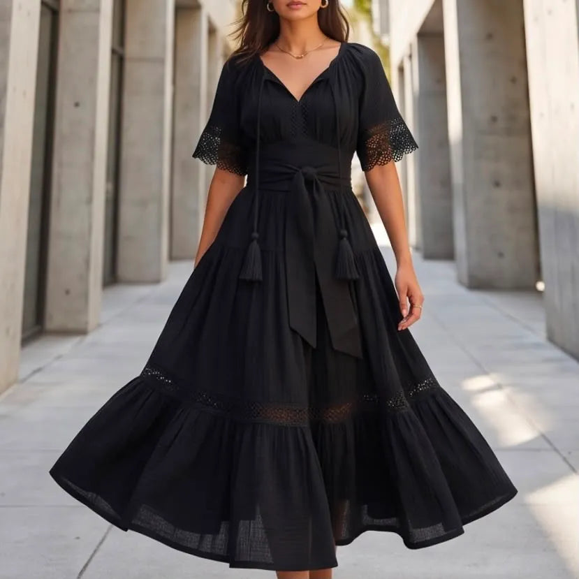 Rochie Nationala neagra din panza de bumbac cu maneca scurta - Alma 04