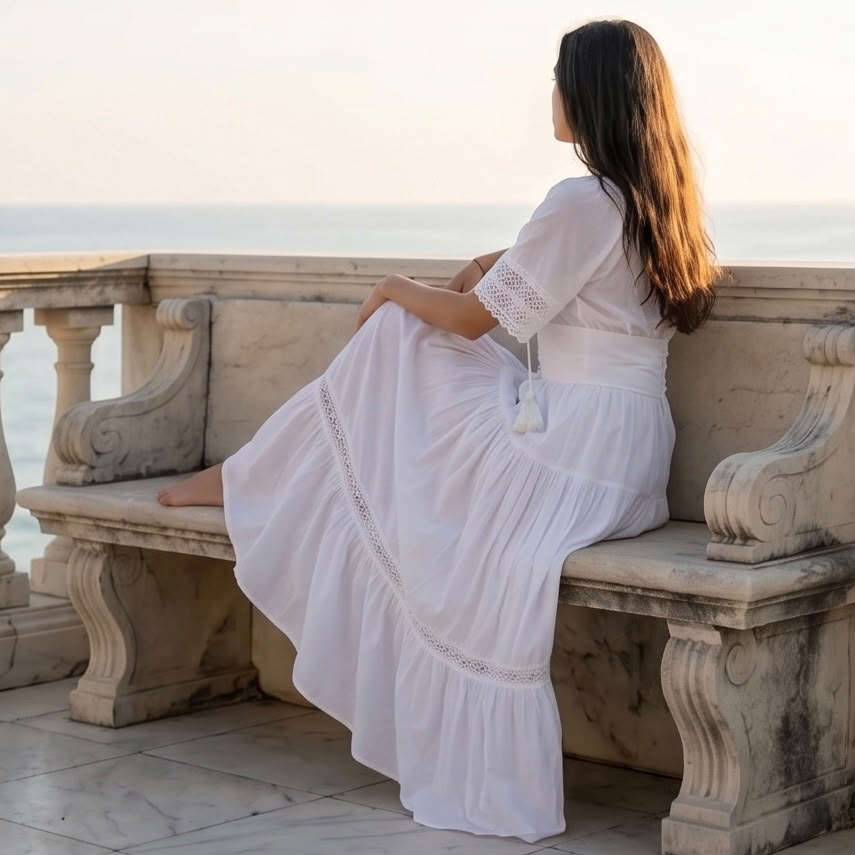 Rochie Nationala alba din panza topita cu maneca scurta - Alma 03