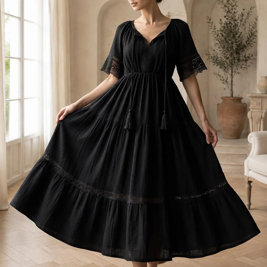Rochie Nationala neagra din panza de bumbac cu maneca scurta - Alma 04