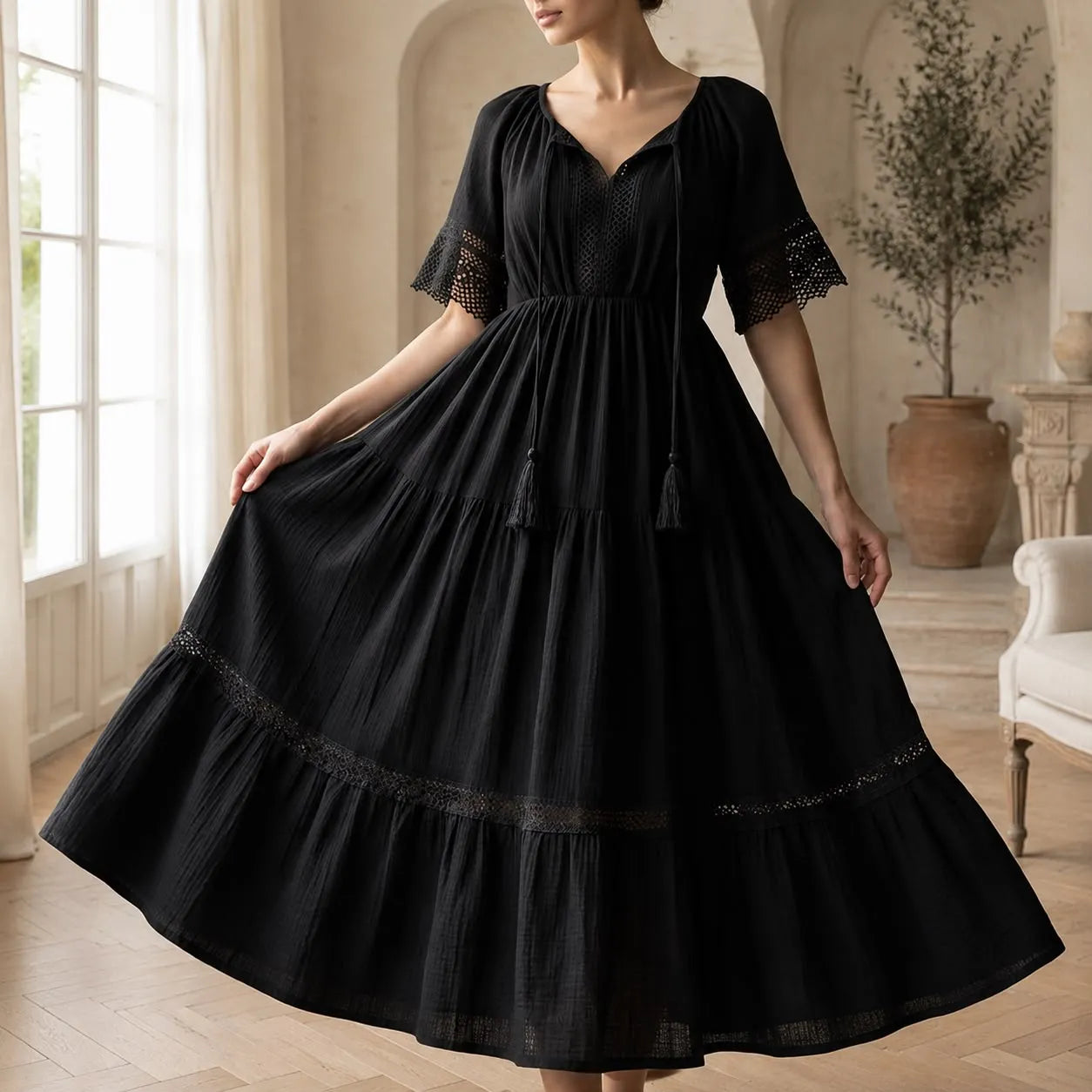 Rochie Nationala neagra din panza de bumbac cu maneca scurta - Alma 04