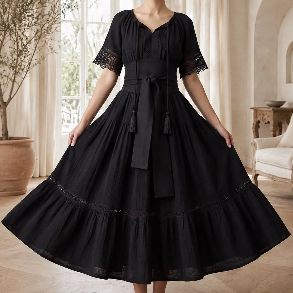 Rochie Nationala neagra din panza de bumbac cu maneca scurta - Alma 04