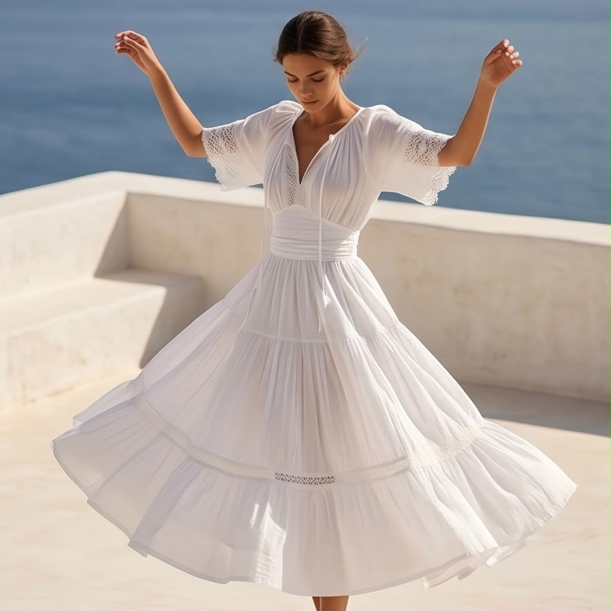 Rochie Nationala alba din panza topita cu maneca scurta - Alma 03
