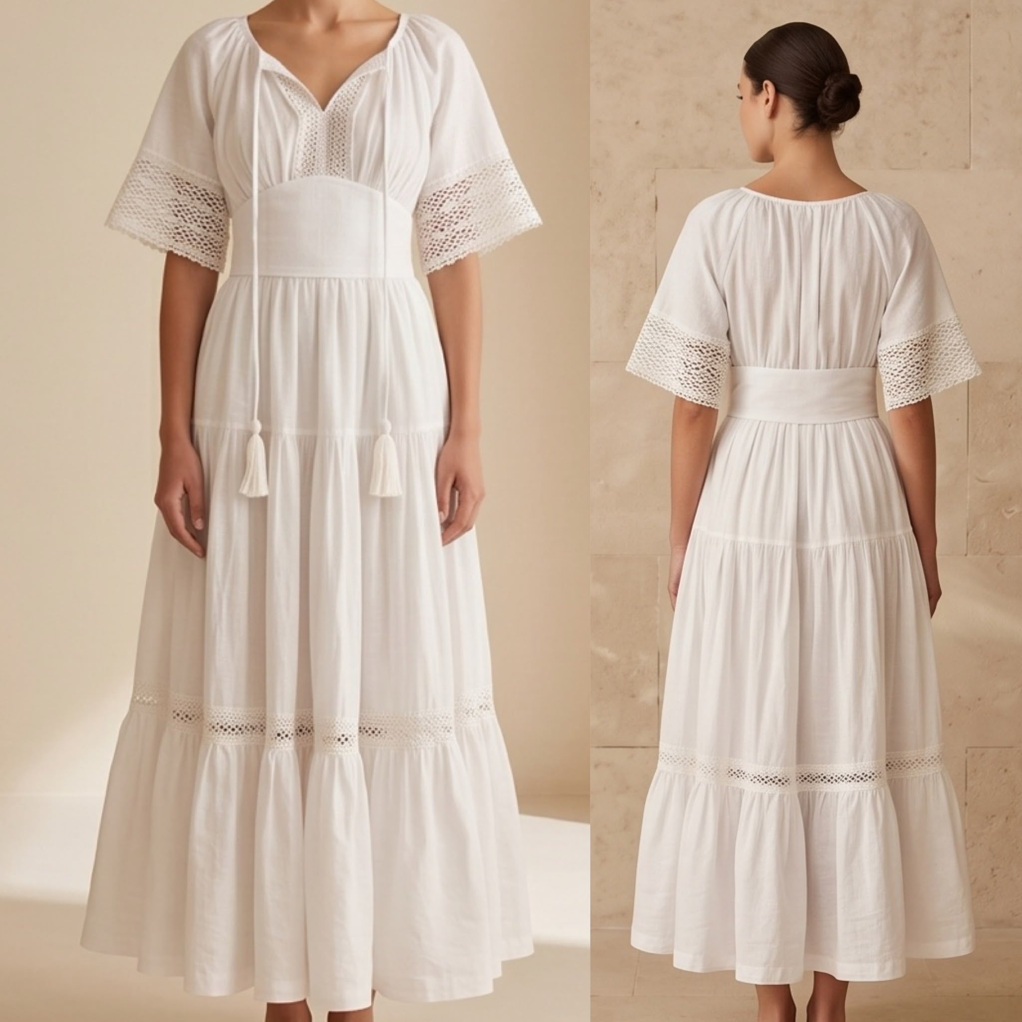 Rochie Nationala alba din panza topita cu maneca scurta - Alma 03
