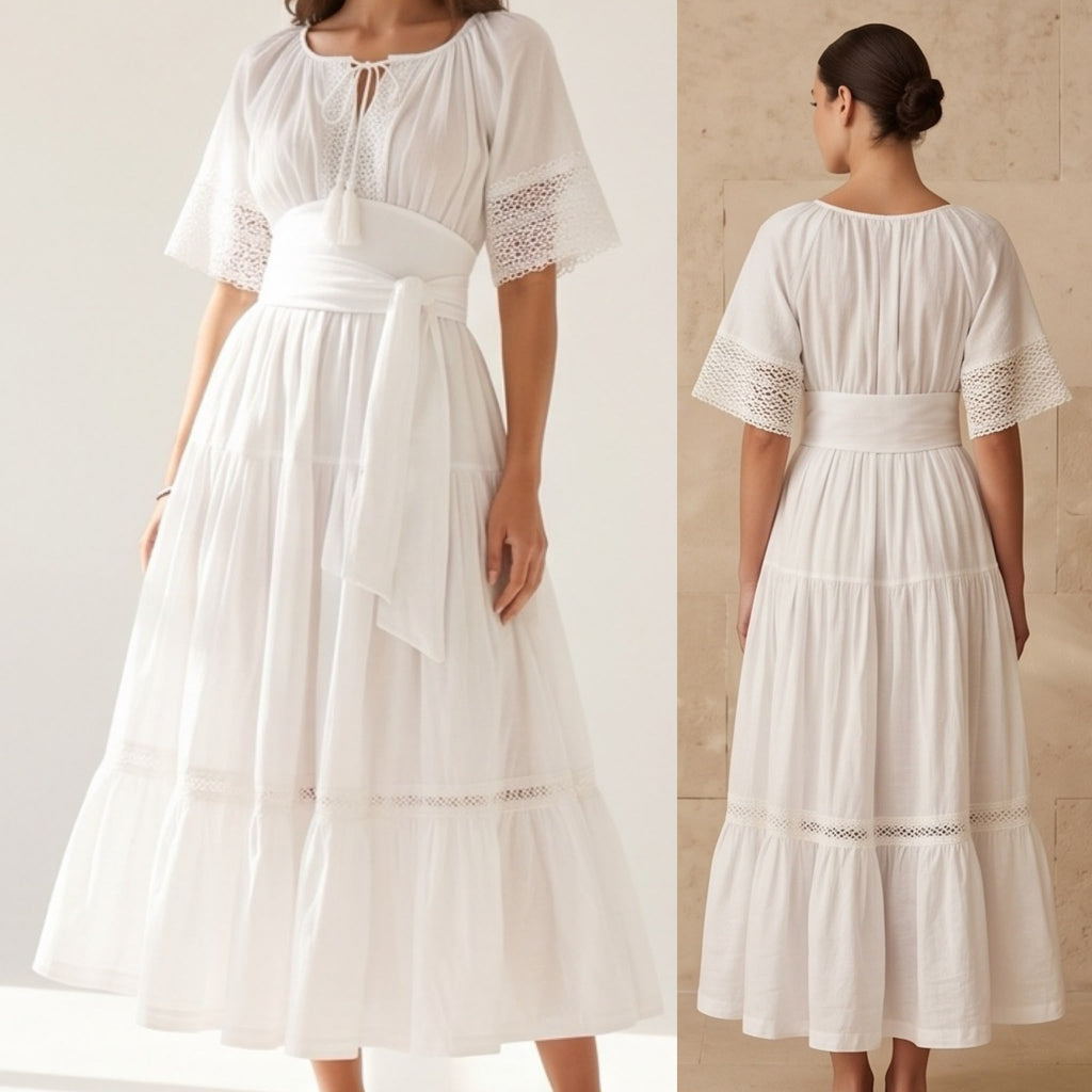 Rochie Nationala alba din panza topita cu maneca scurta - Alma 03